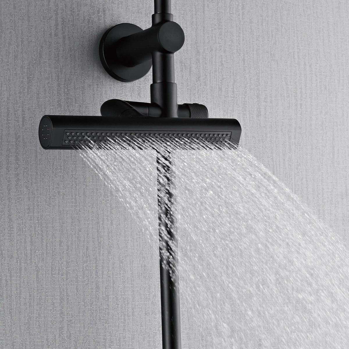 Matte black overhead shower bar with steady water spray from rain nozzle