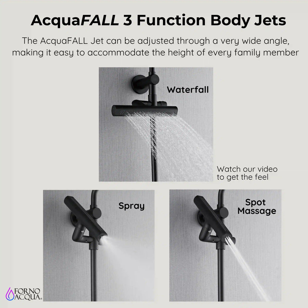 Matte black shower body jet set with waterfall, spray, and spot massage streams