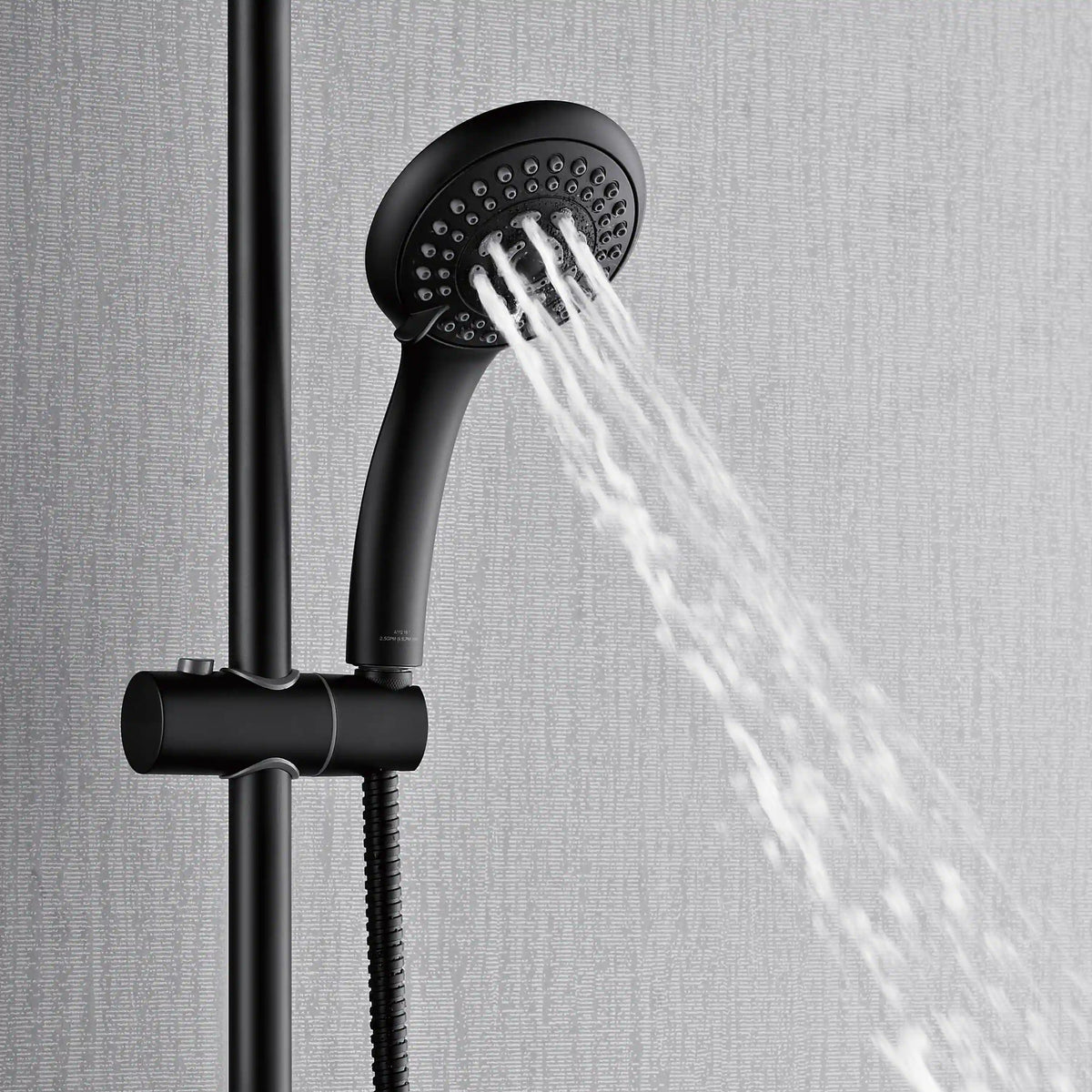 Matte black overhead rainfall shower head with handheld sprayer and hose, running water