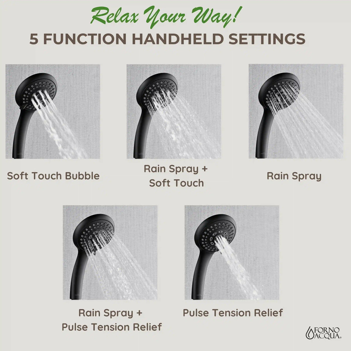 Matte black handheld shower head showing multiple spray settings with water