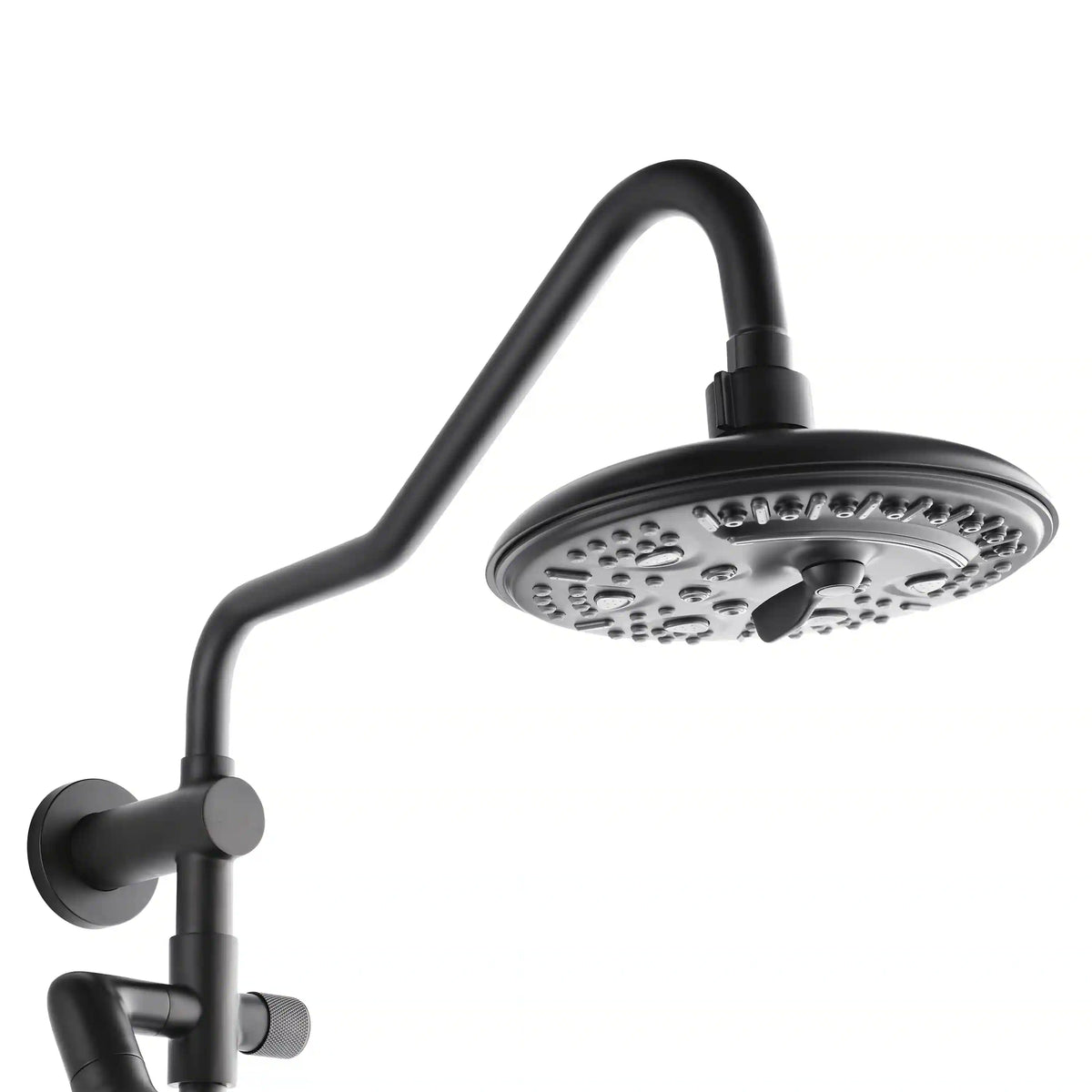 Matte black shower system with overhead rainfall head and handheld sprayer mount