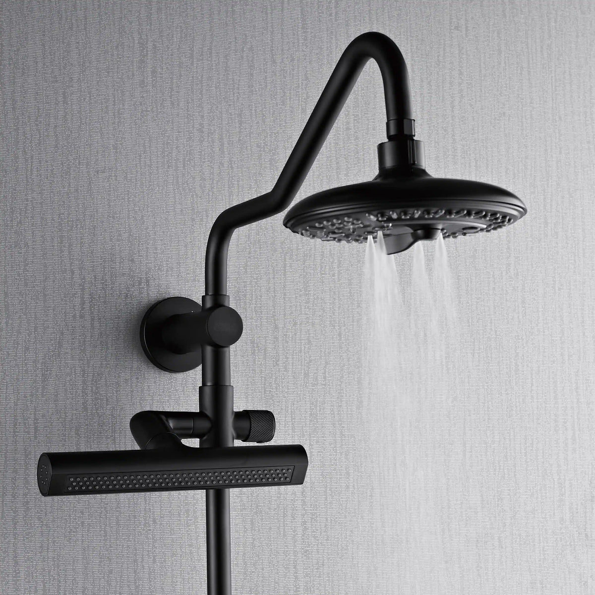 Matte black overhead rainfall shower head with wall-mounted handheld holder and spray