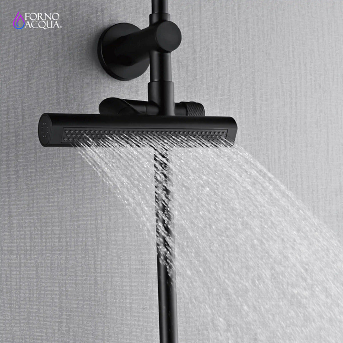 Matte black rainfall shower head with water falling from the ceiling mount