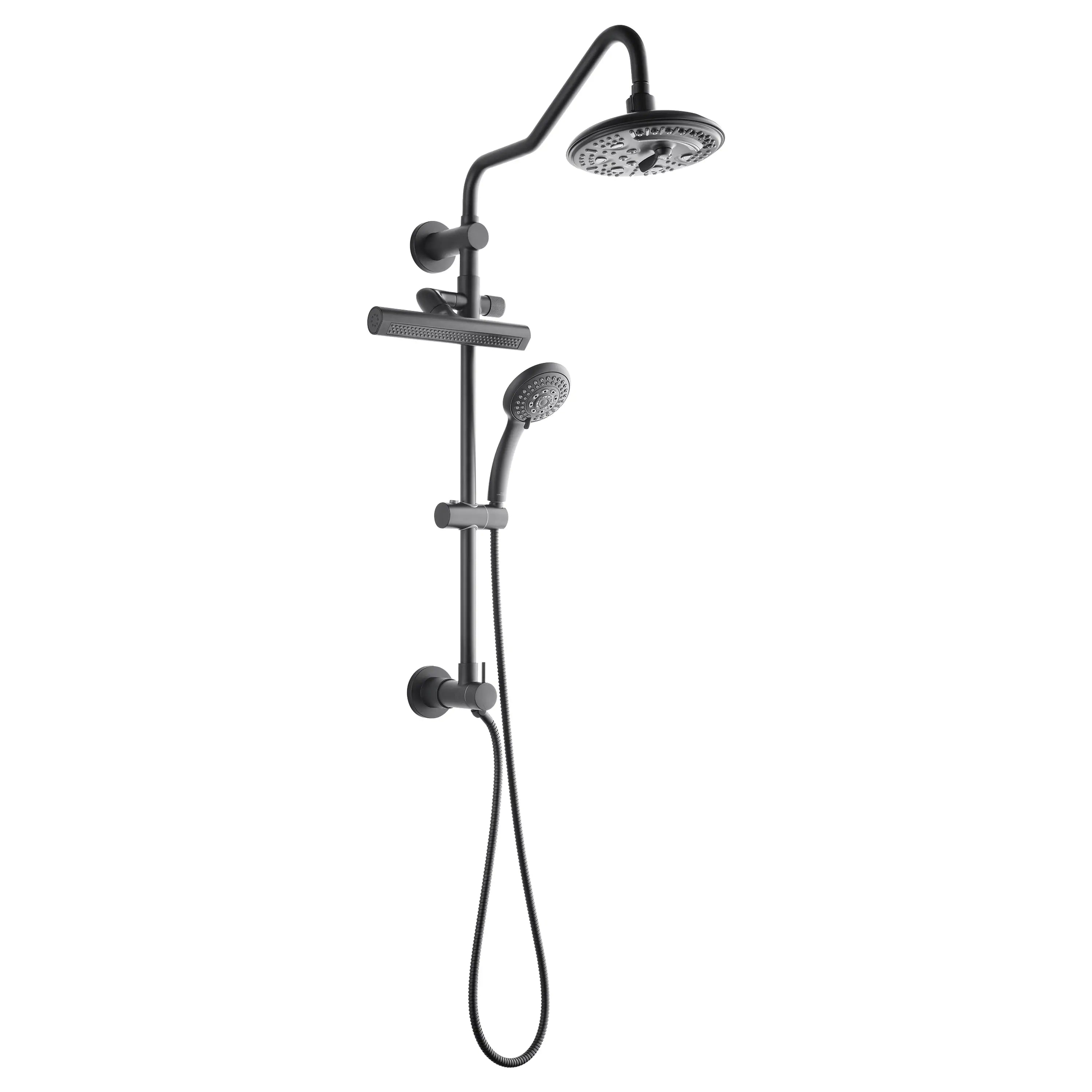 Matte black overhead rainfall shower system with handheld and diverter controls
