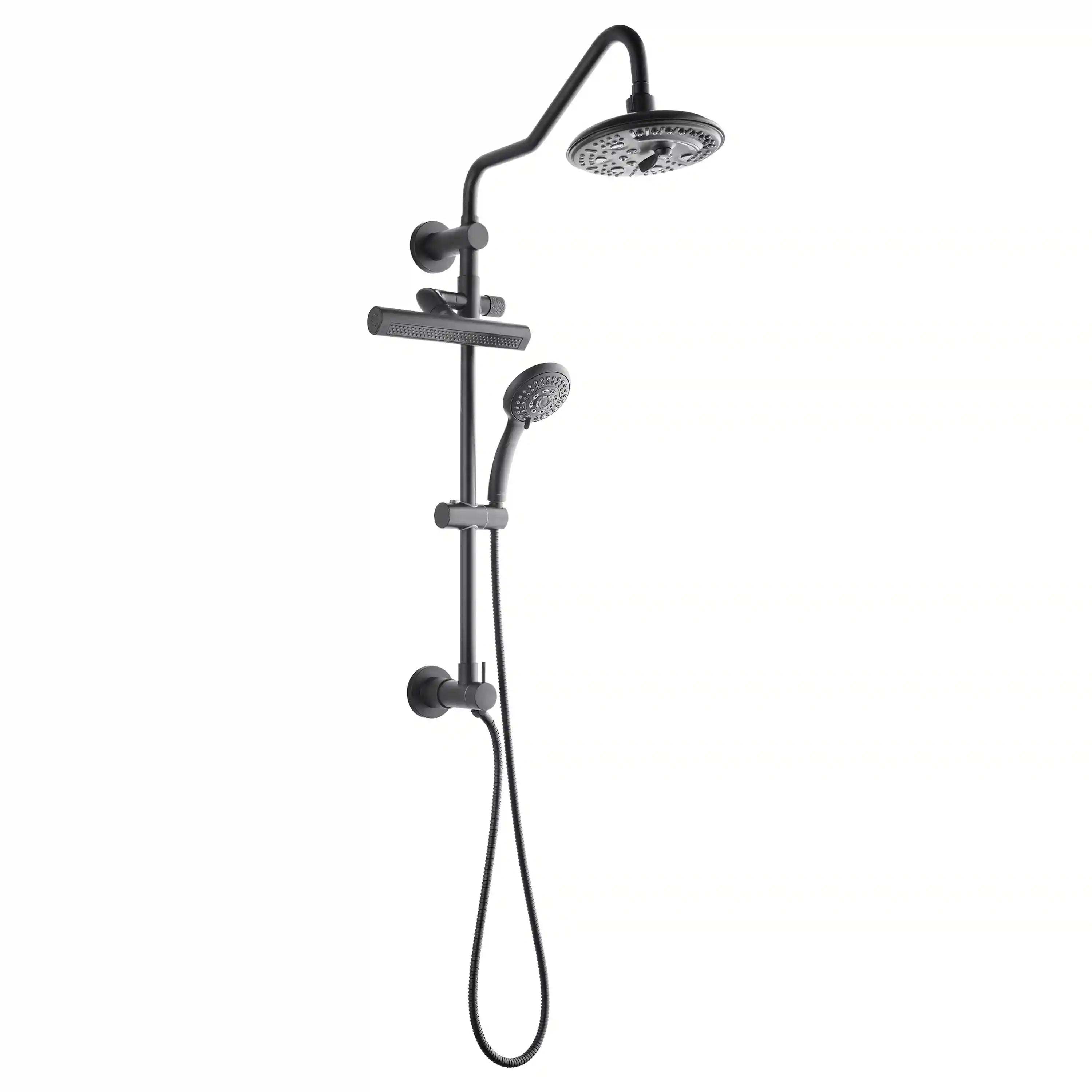 Matte black shower tower set with overhead rainfall head and handheld sprayer