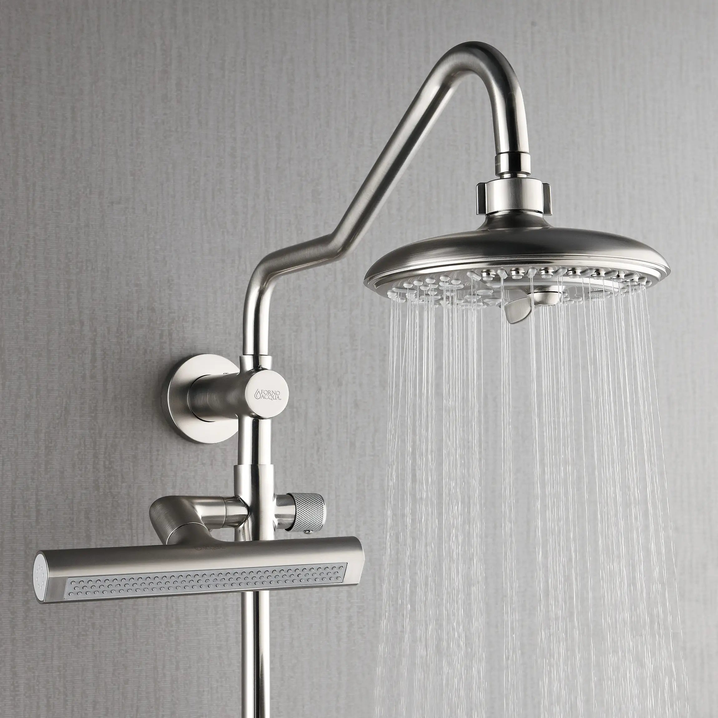 Brushed nickel rainfall shower head with water stream and handheld sprayer