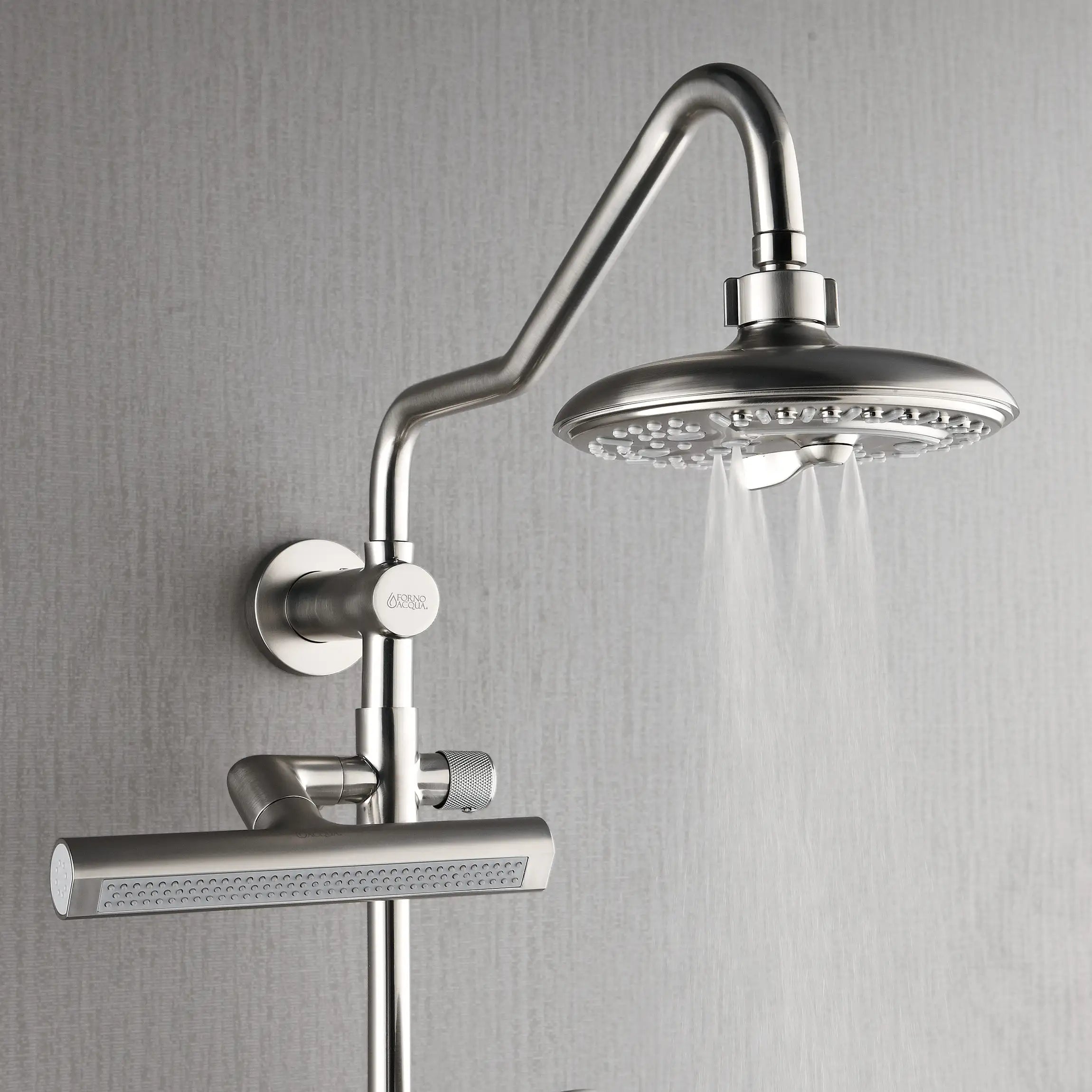 Brushed nickel rainfall shower head with handheld sprayer and wall-mounted controls
