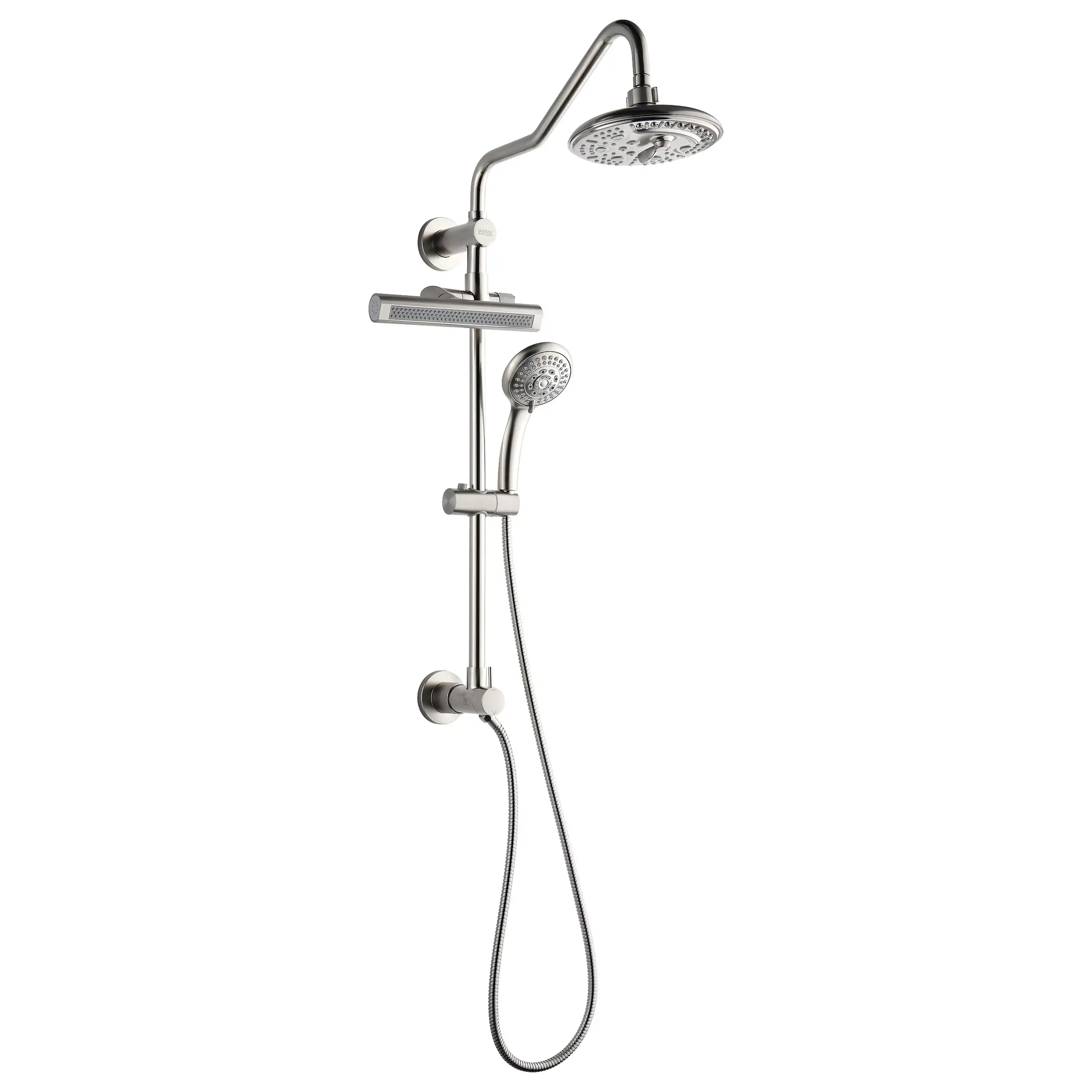 Brushed nickel rainfall shower set with handheld sprayer and vertical bar