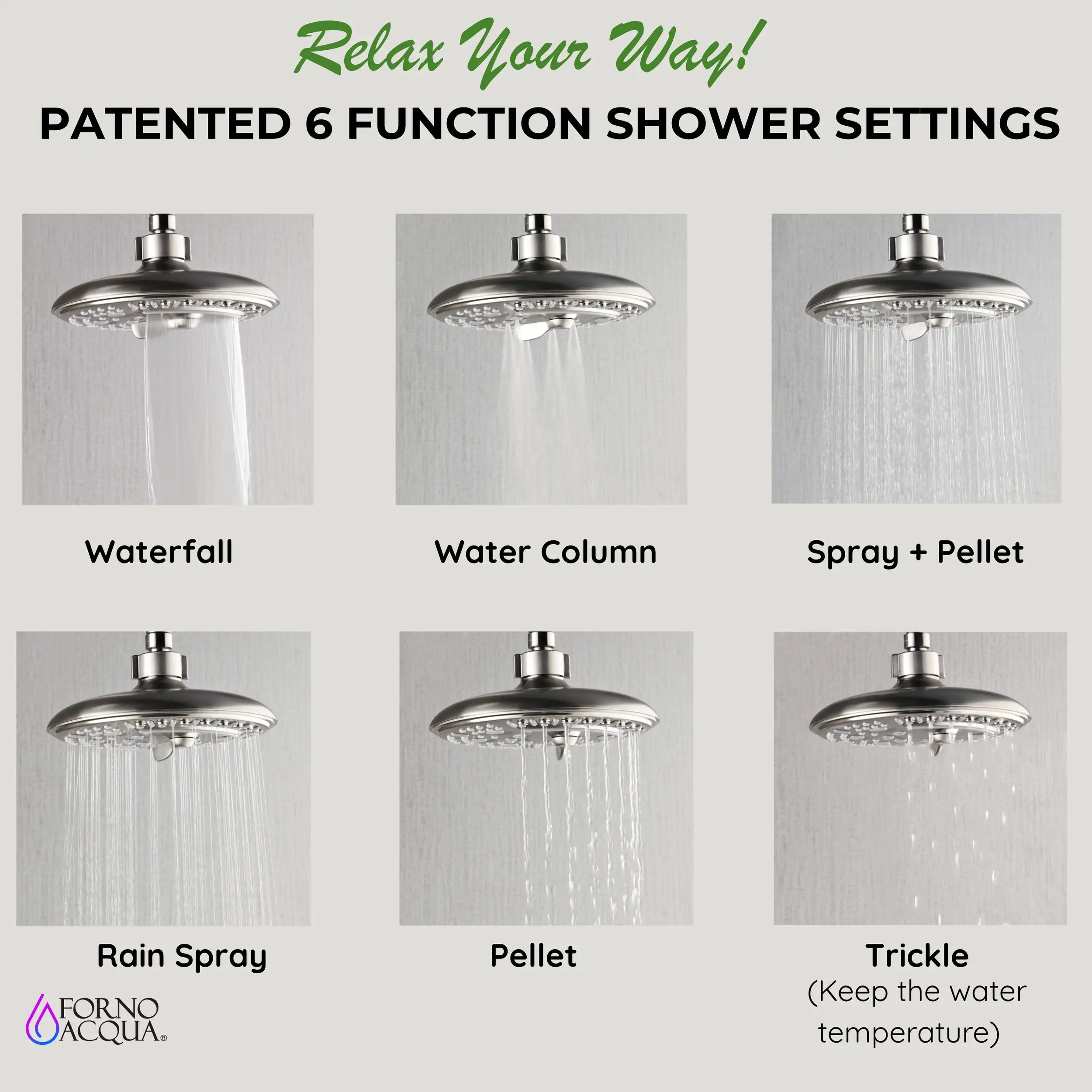 Overhead shower head with six spray setting options, polished stainless steel