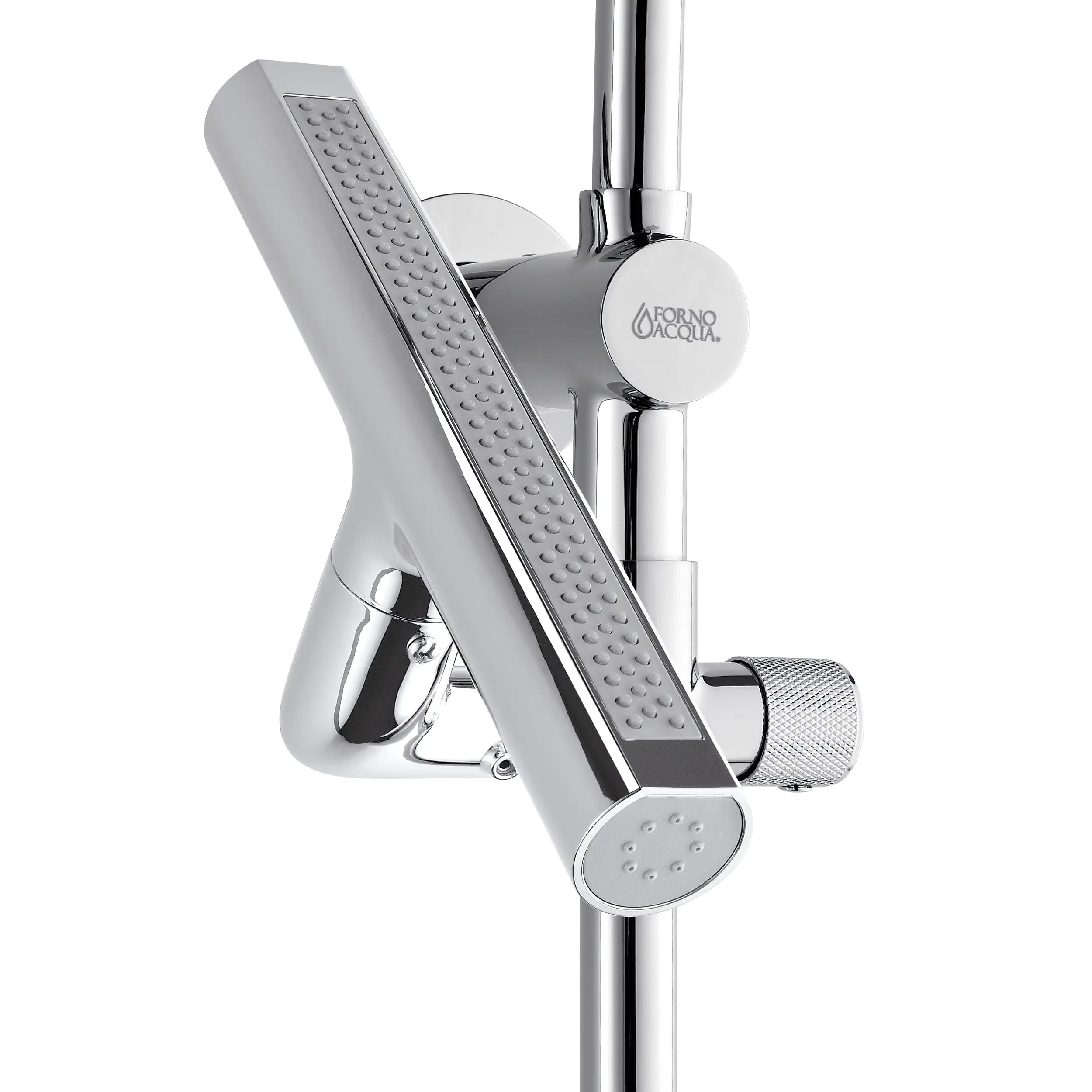 Handheld shower wand with textured spray face and polished stainless finish