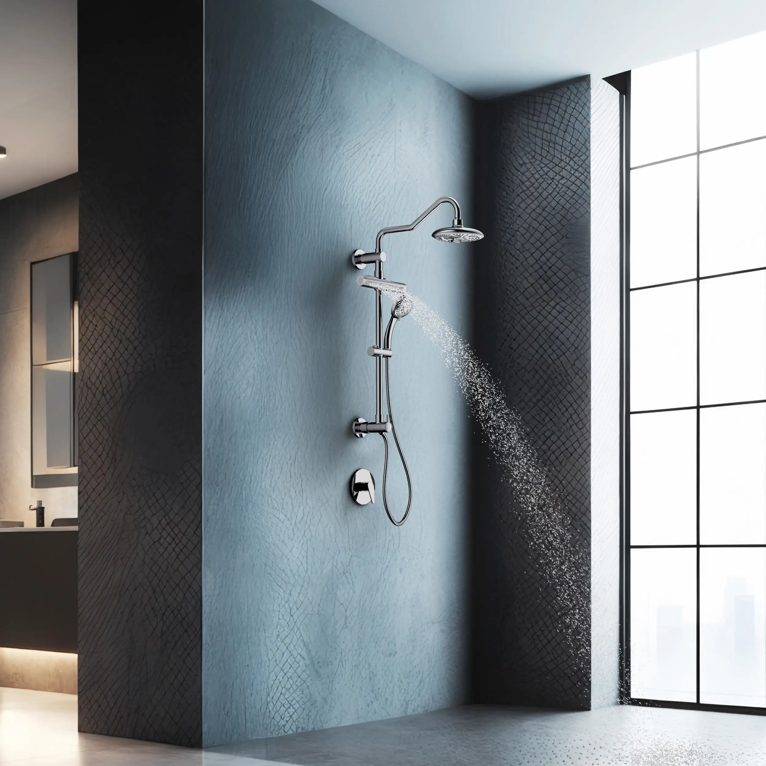 Wall-mounted shower set with overhead rainfall head and handheld sprayer