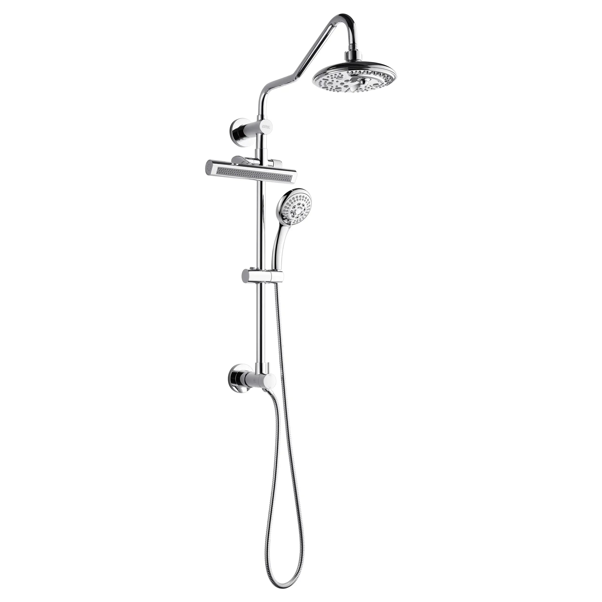 Polished stainless shower system with overhead rain head, handheld sprayer, body jets