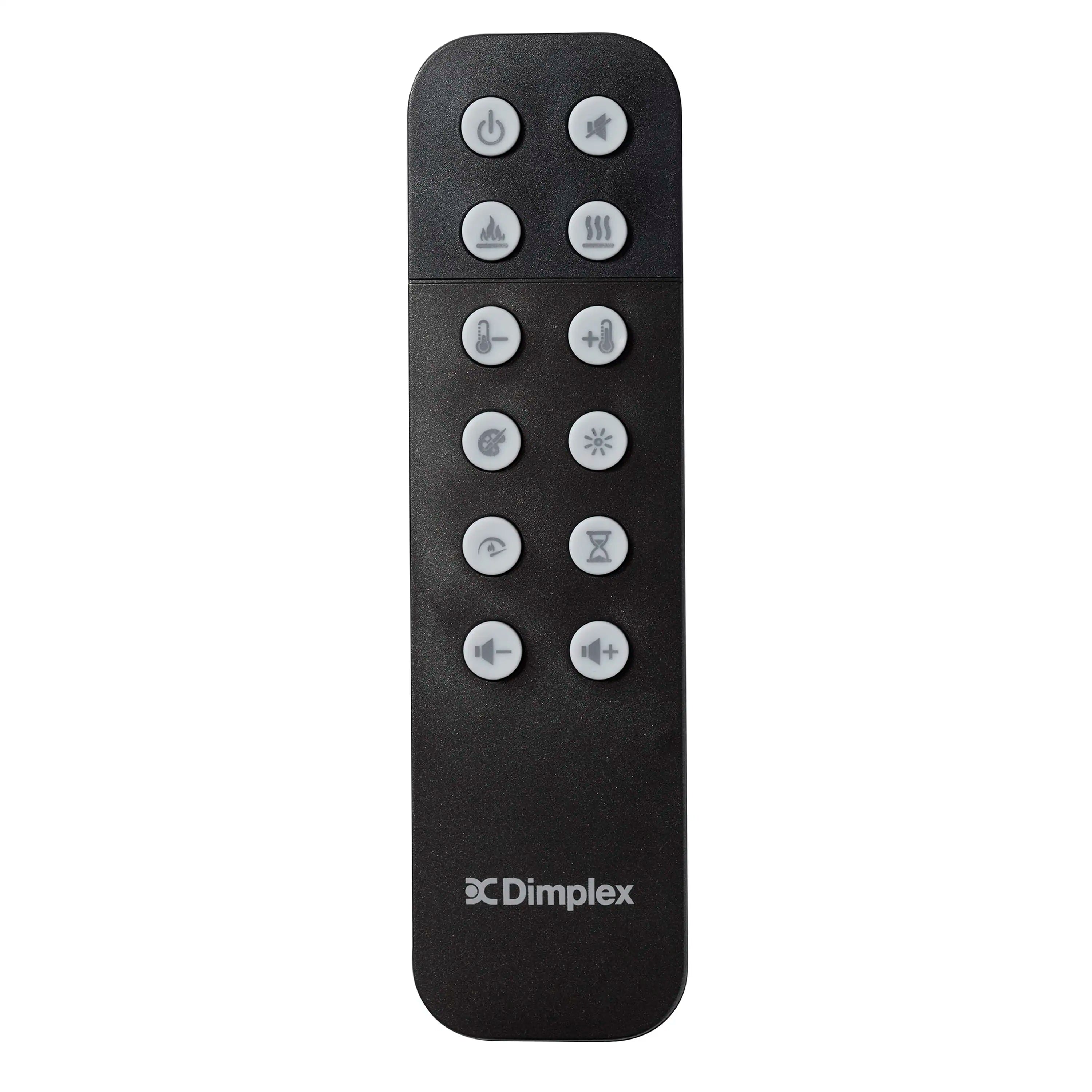 Black xDimplex TV-style remote with button icons for fireplace controls