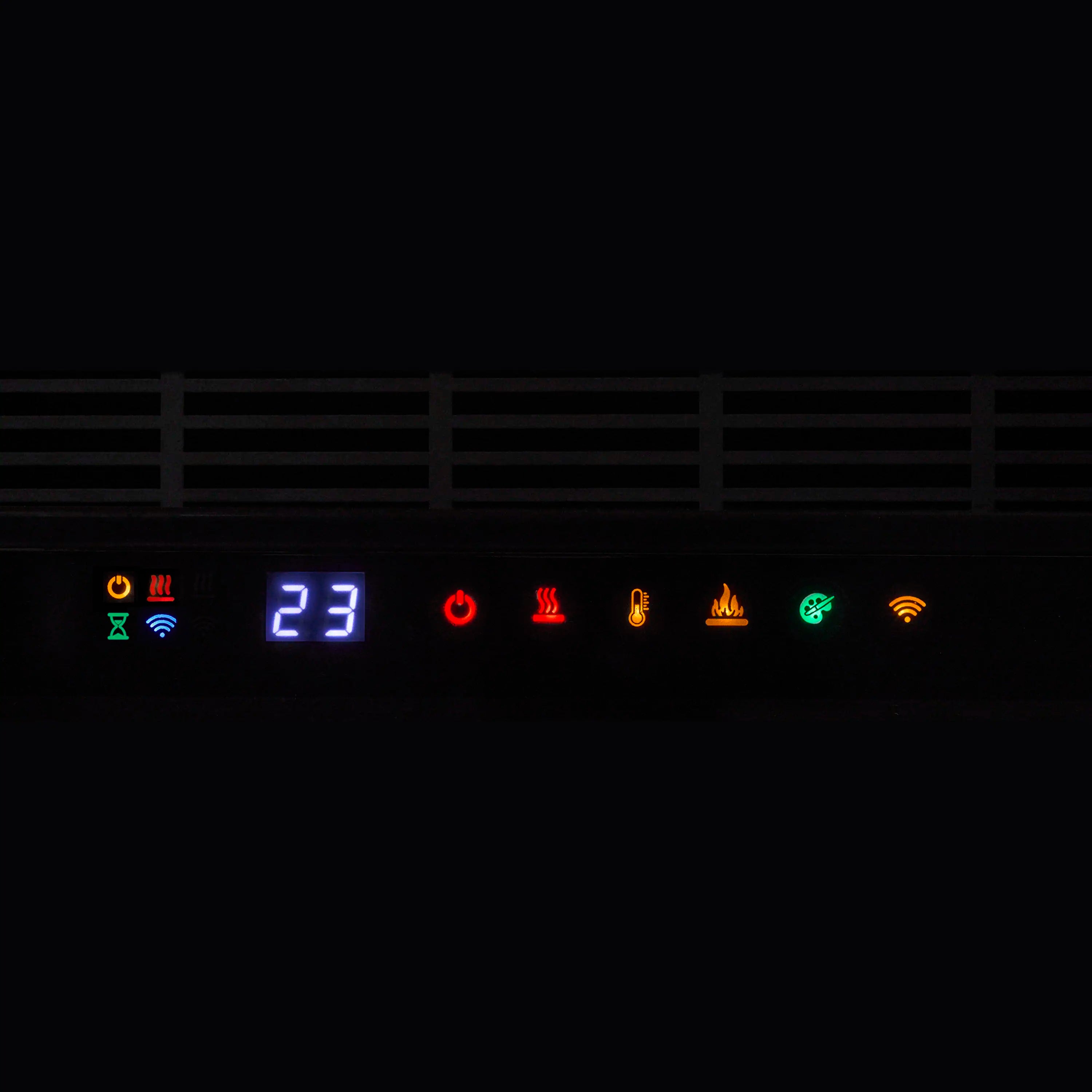 Linear electric fireplace control panel with illuminated icons and display