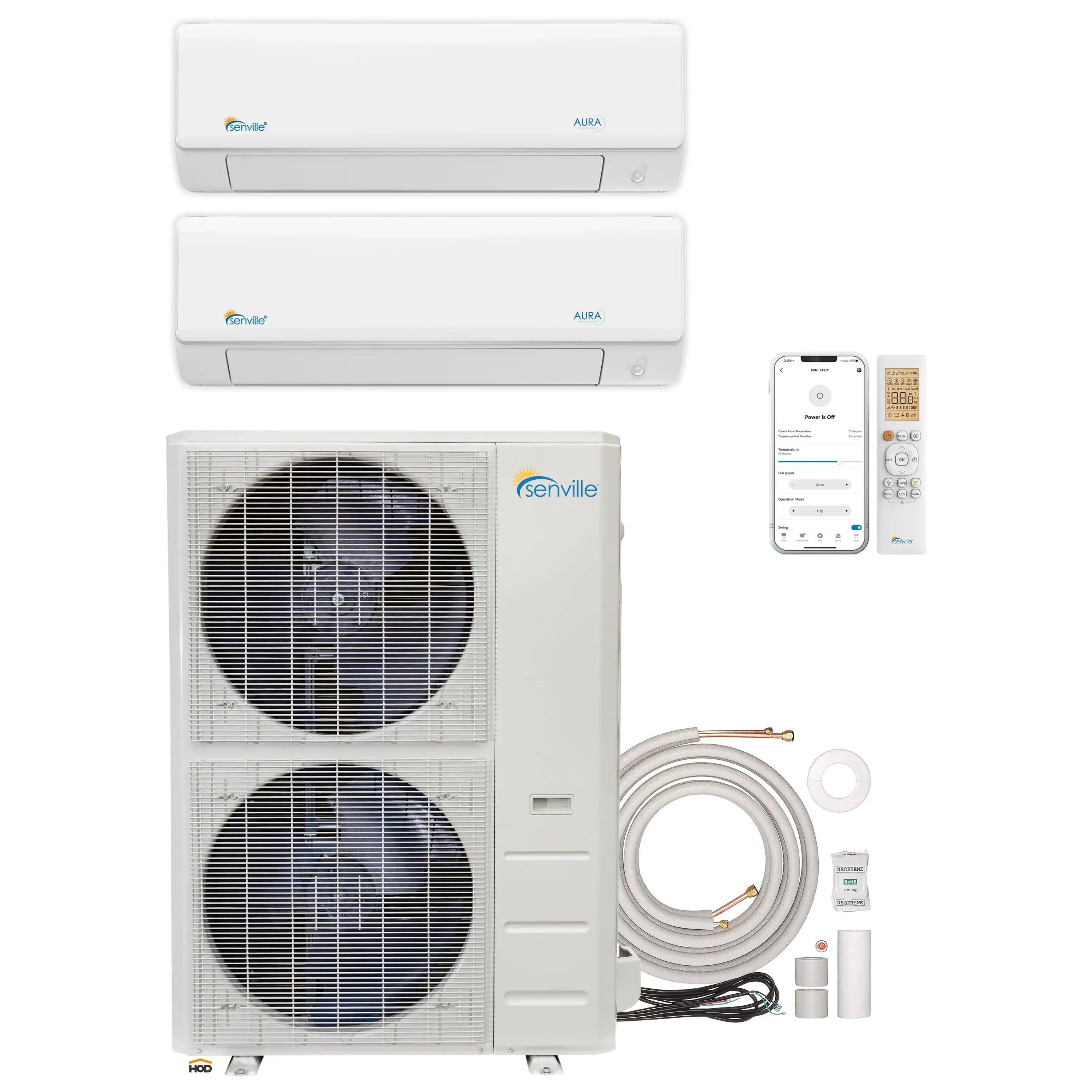 Ductless mini-split heat pump system with two wall air handlers, outdoor condenser, accessories