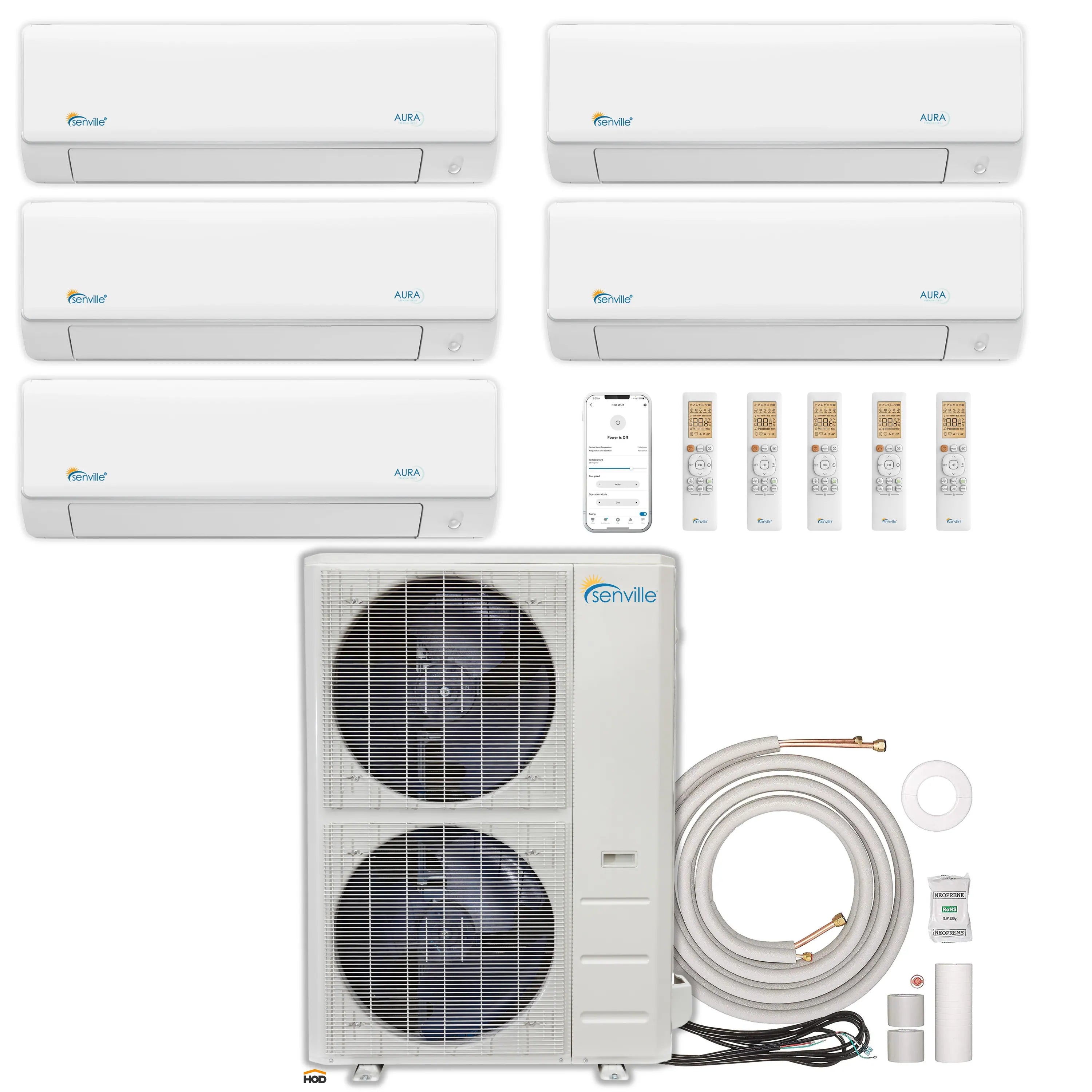 Senville ductless mini split kit with outdoor condenser, line set, and wall air handlers