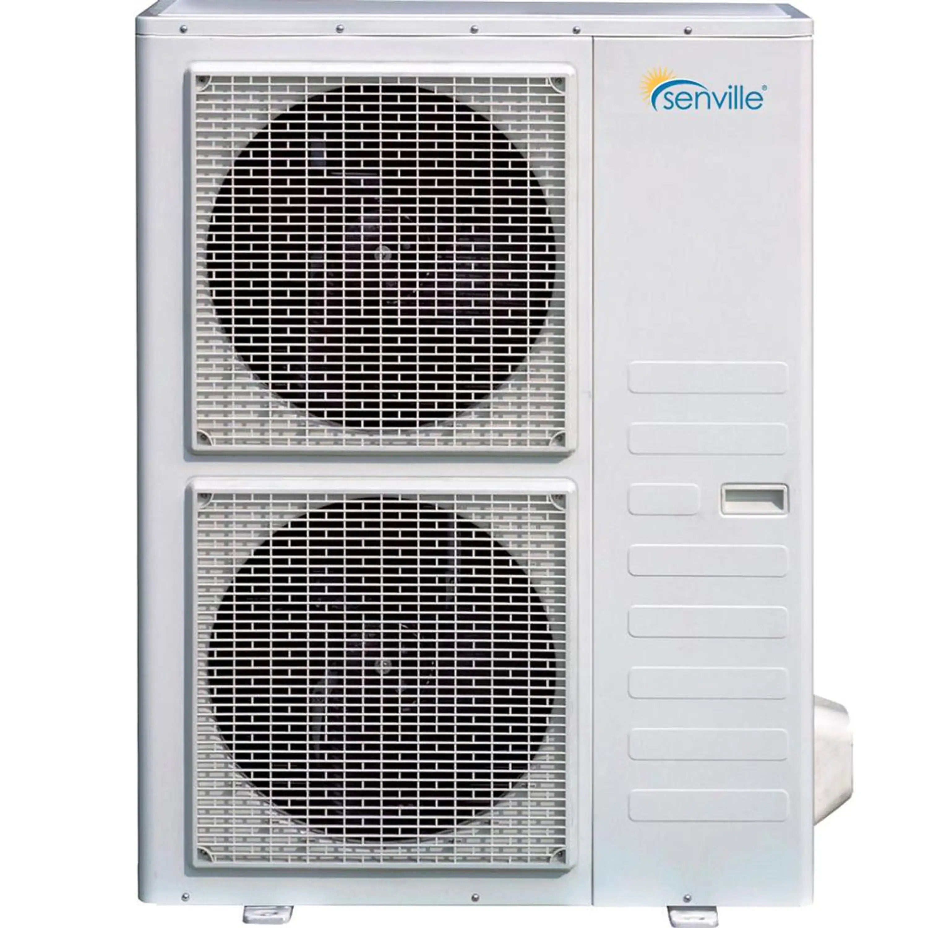 White outdoor condenser unit with two fan grilles for ductless mini split