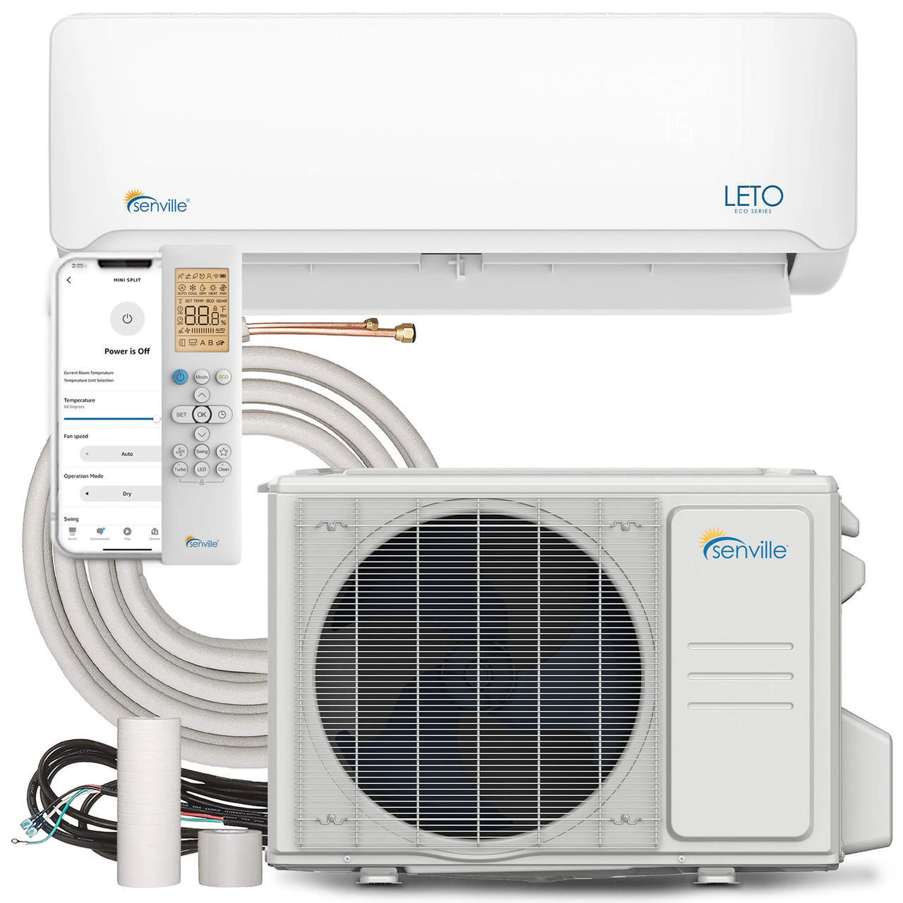 Wall-mounted mini split air handler and outdoor condenser set, white
