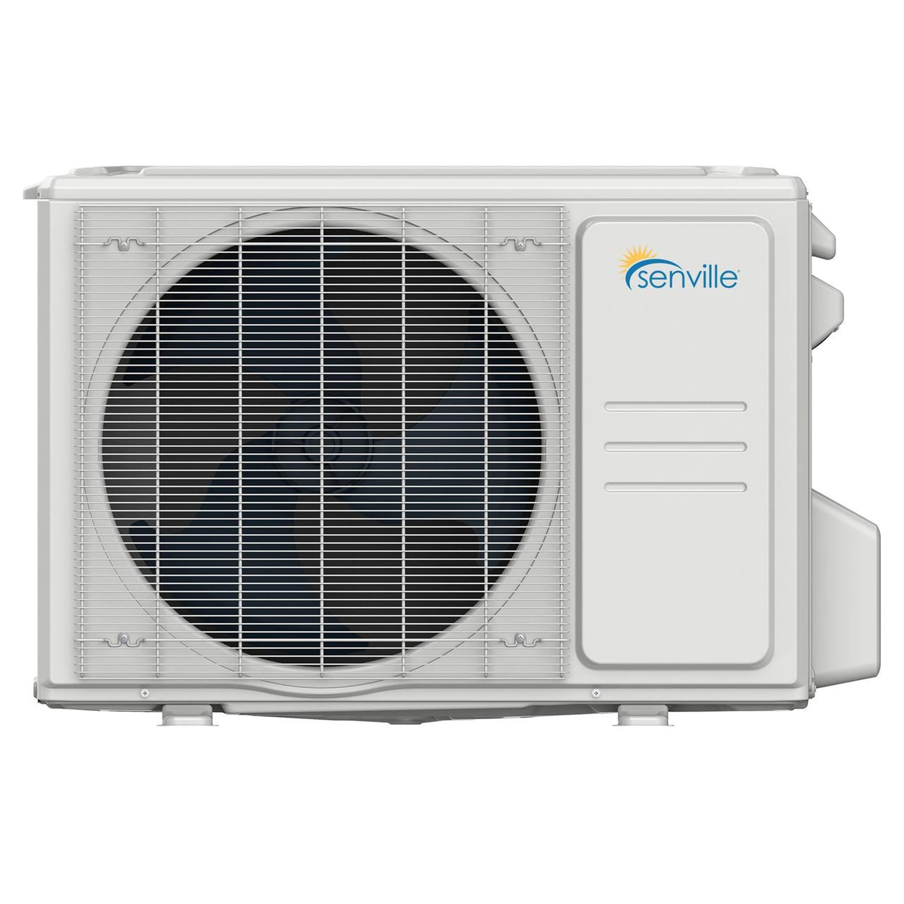 White outdoor mini split condenser with grille and fan, front view