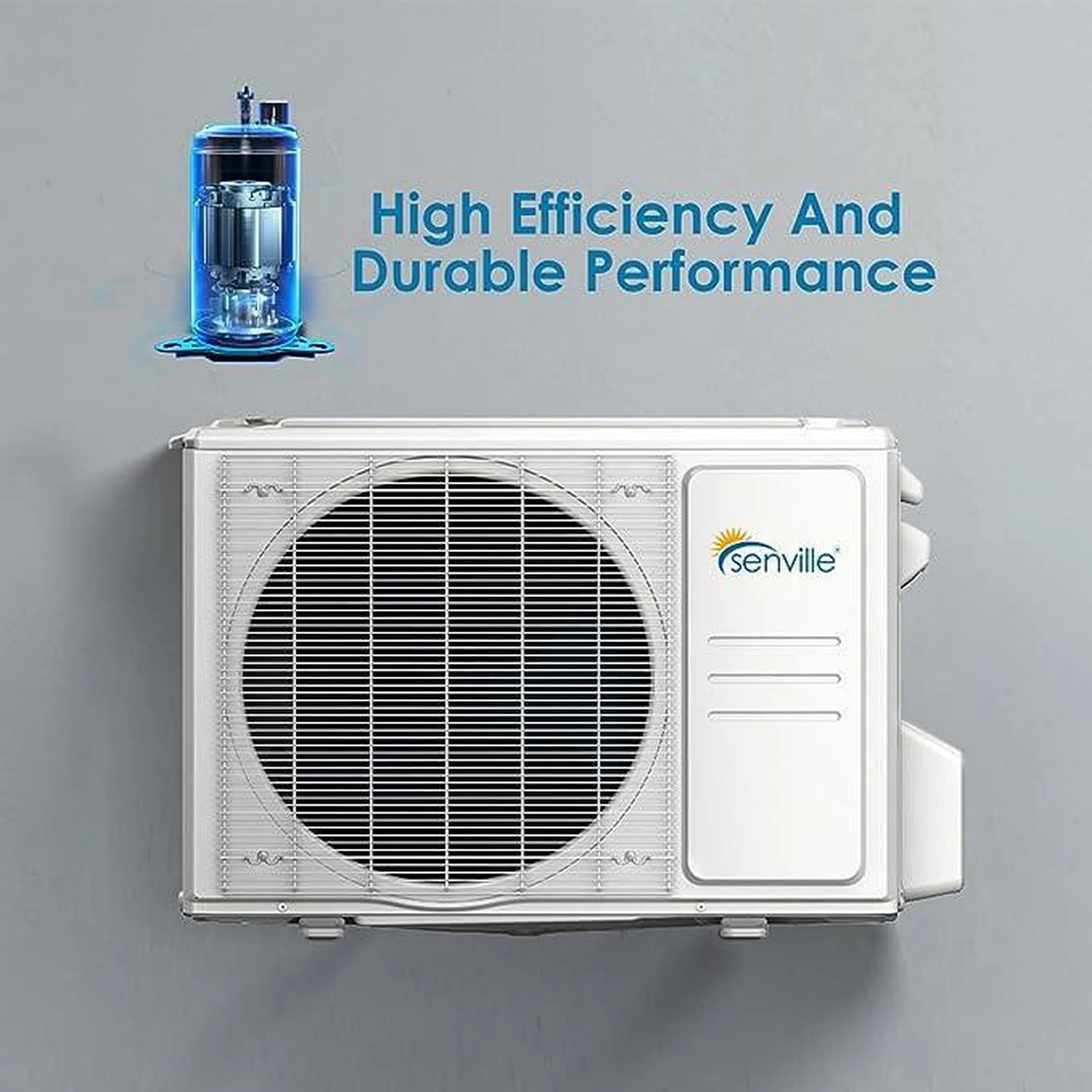White outdoor mini split condenser with fan grille, high-efficiency graphic