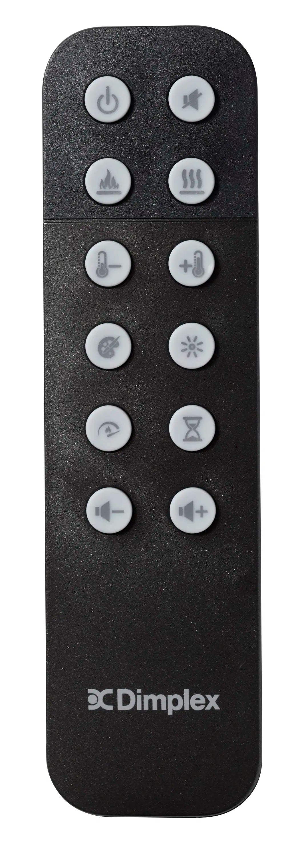 Dimplex electric fireplace remote control, angled view of button layout