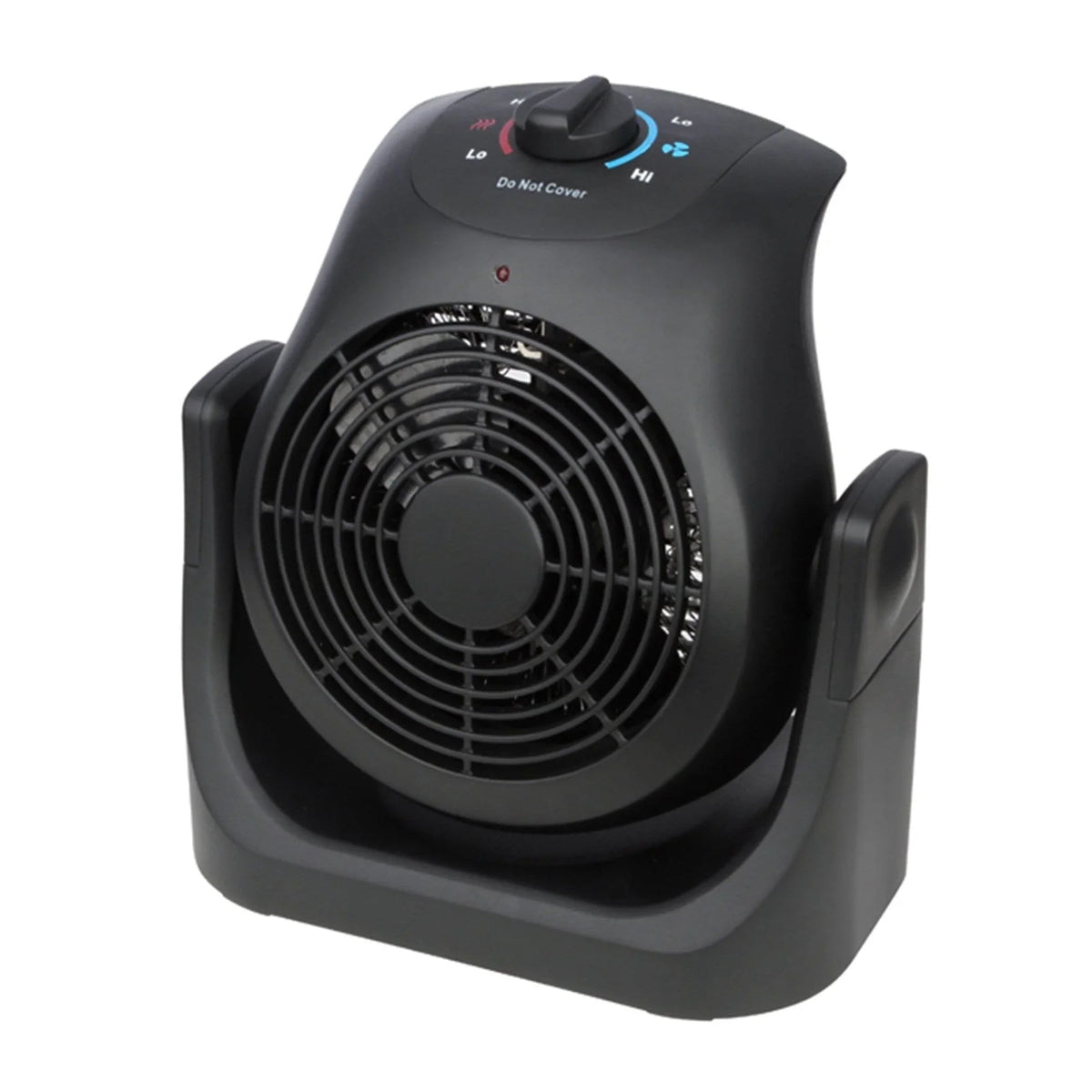 Black electric fan heater, front grille and top control panel with setting icons