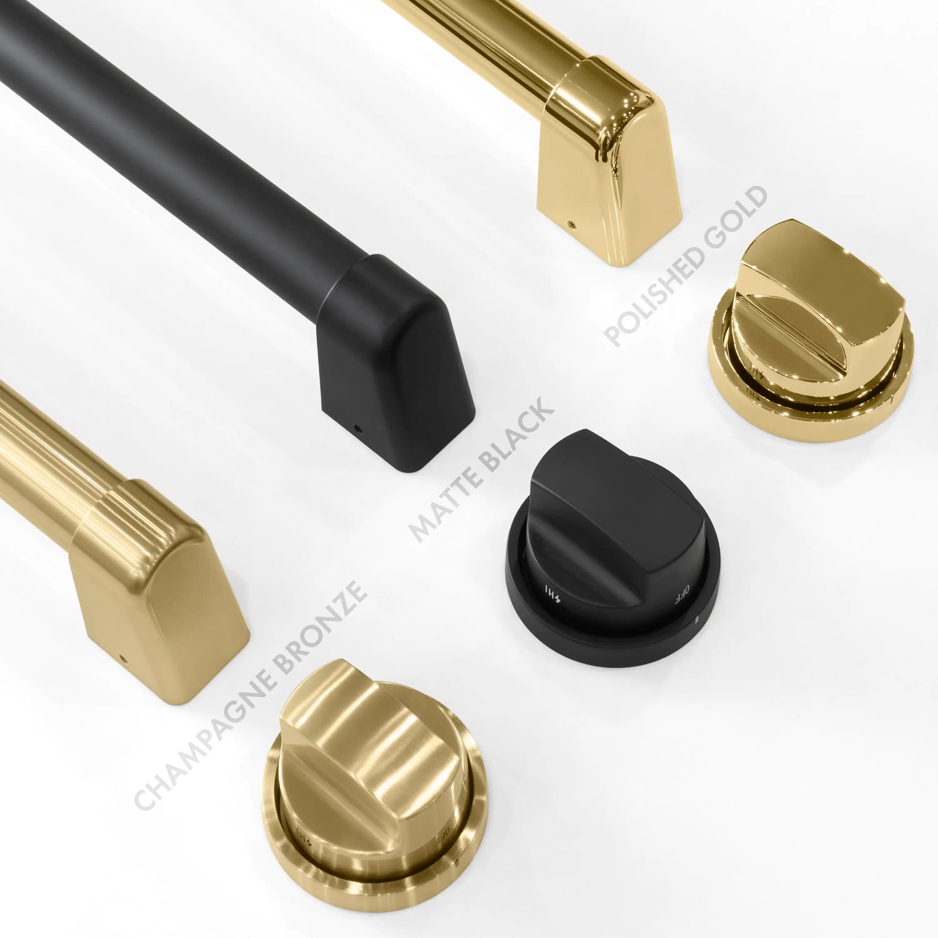 Matte black control knob with brass and gold burner hardware components