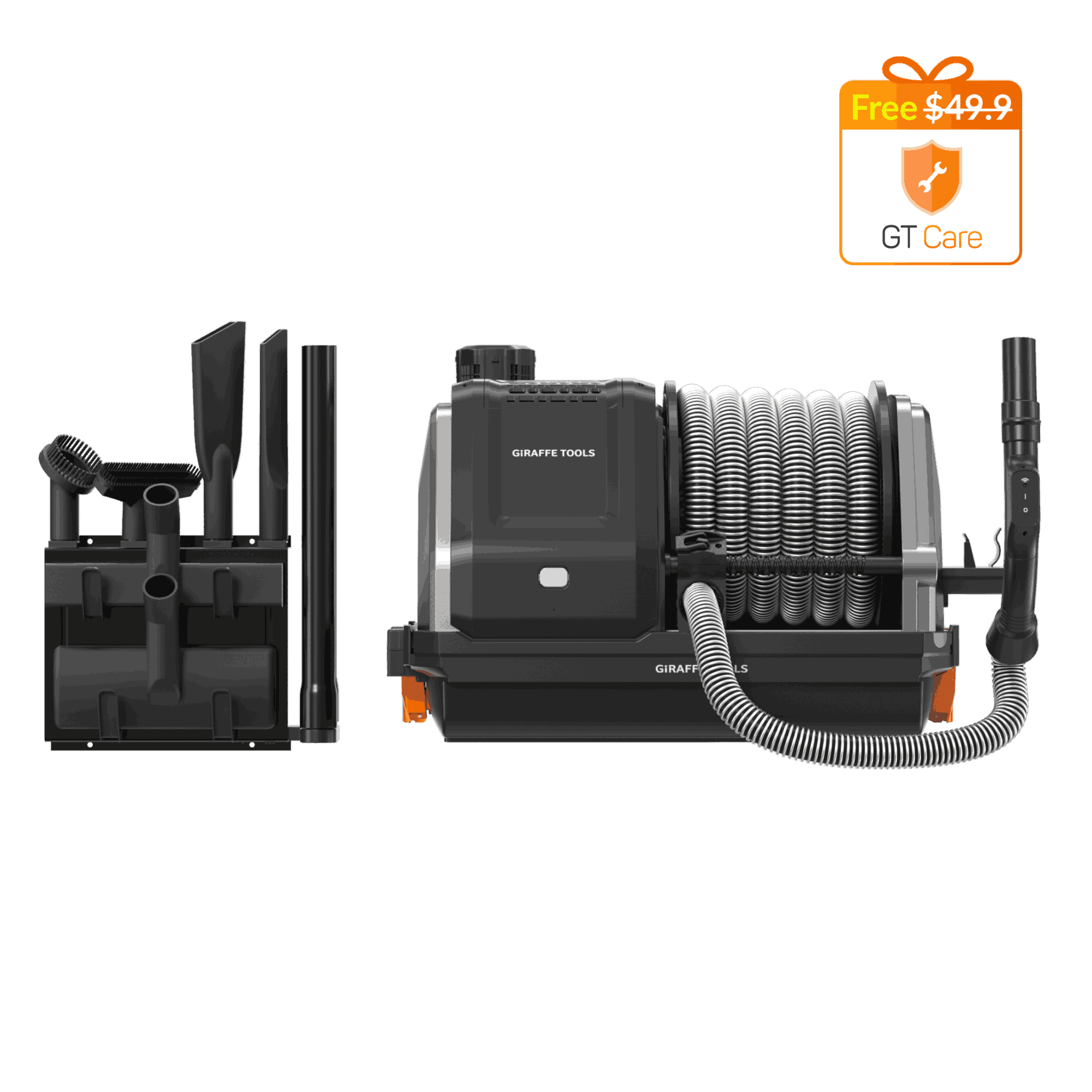 Retractable vacuum main unit with coiled hose dock and included accessory stand