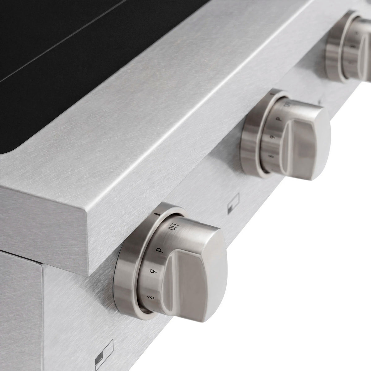 Satin stainless steel induction cooktop control knobs with numbered settings