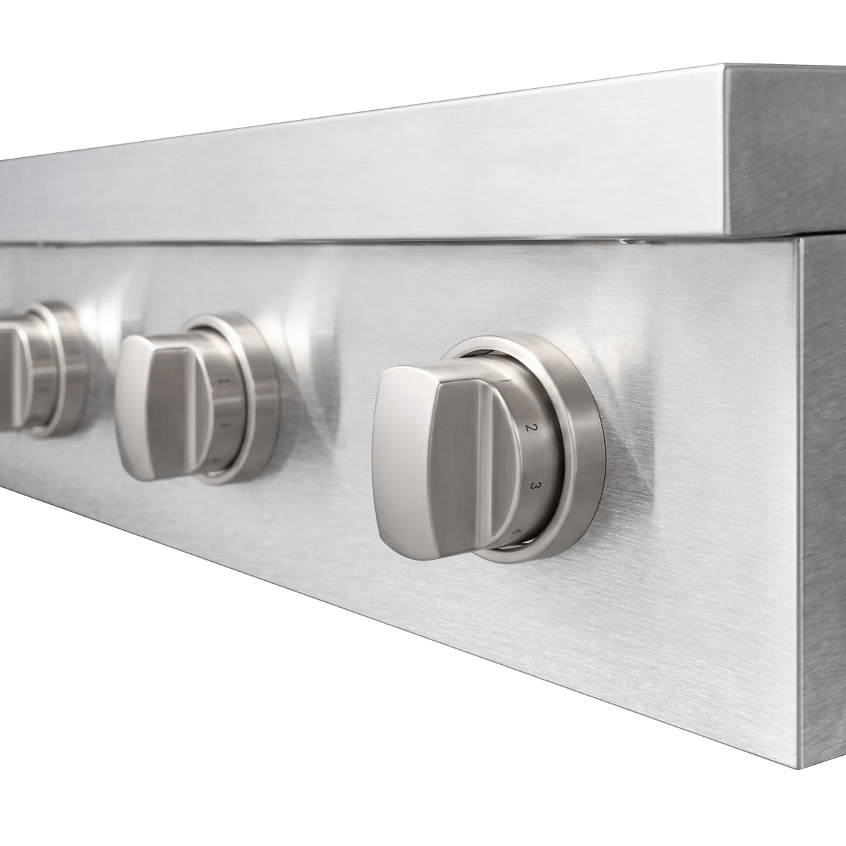 Satin stainless steel cooktop control knobs in brushed finish
