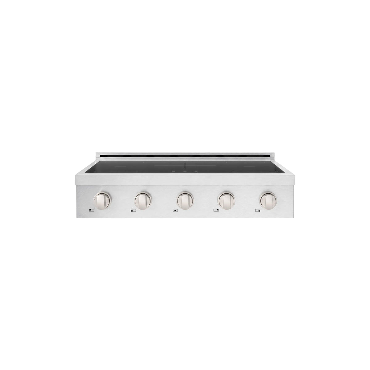 Induction rangetop side view with black glass cook surface and four visible control knobs