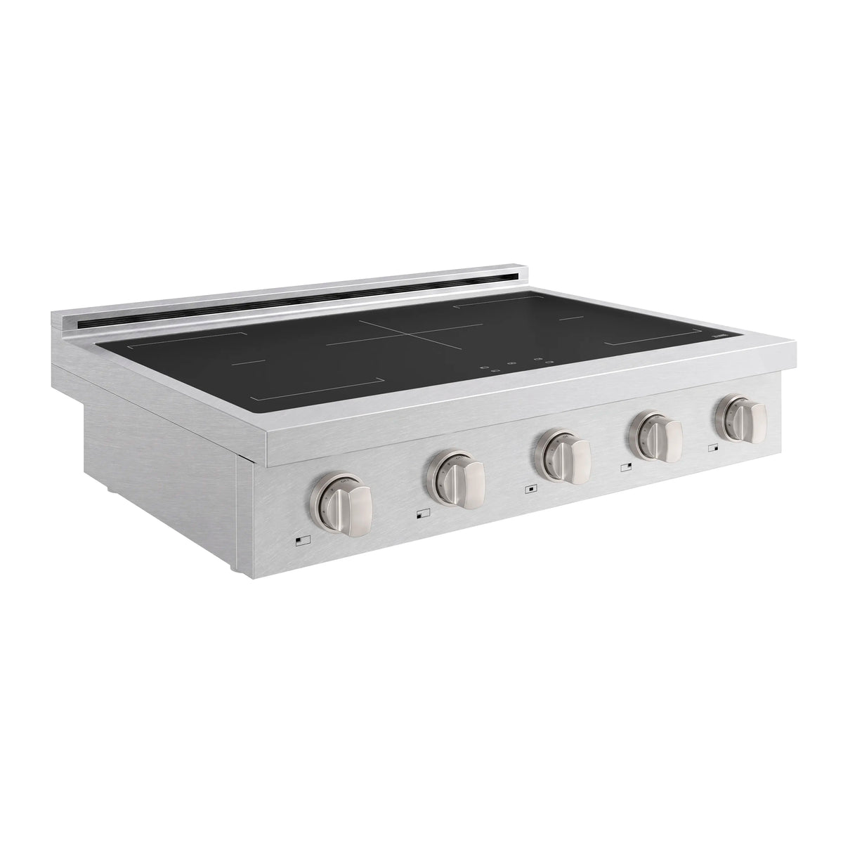 Induction rangetop with black glass top, satin stainless body, and five front knobs