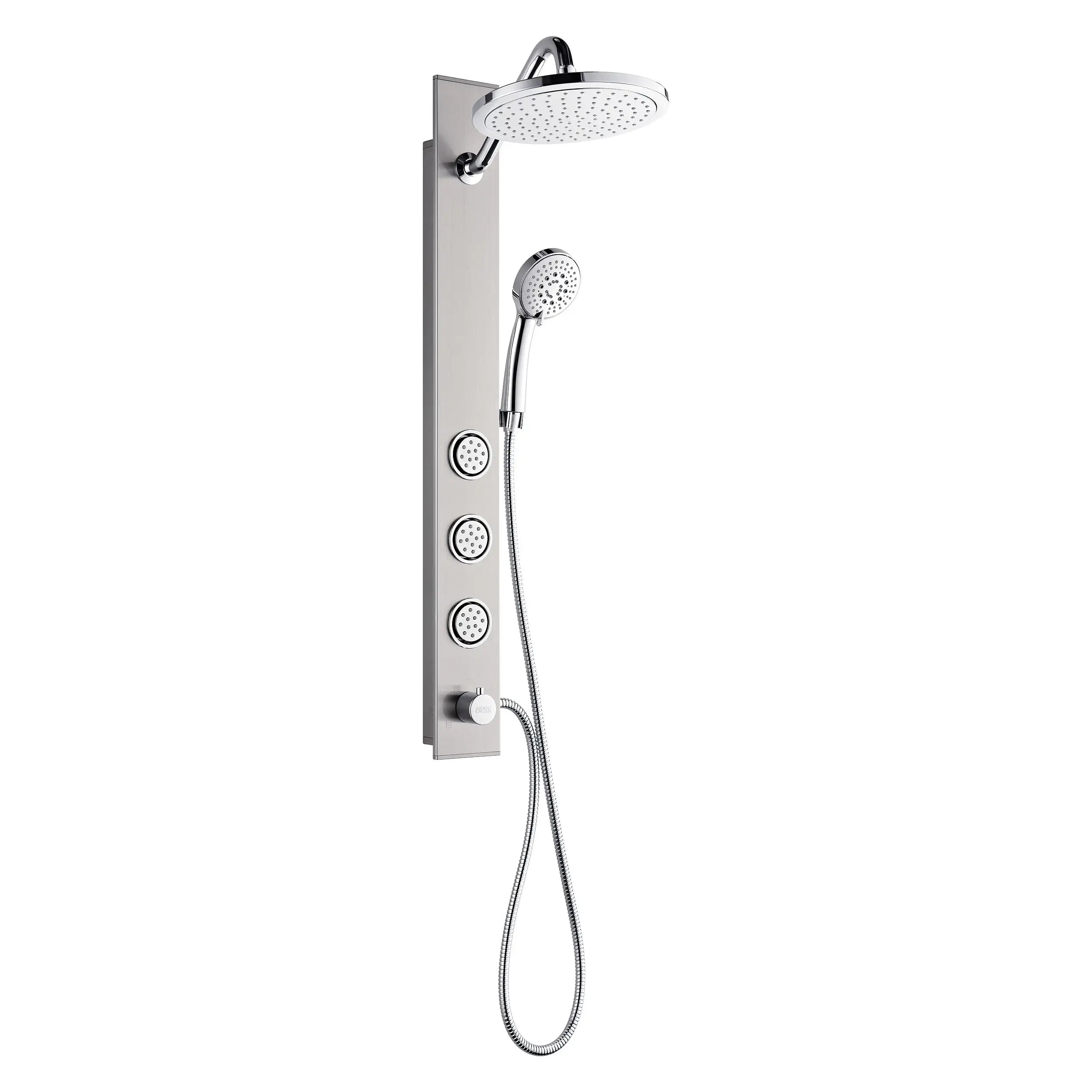 Stainless steel shower panel with wall mount, overhead rain head, handheld handset, and hose