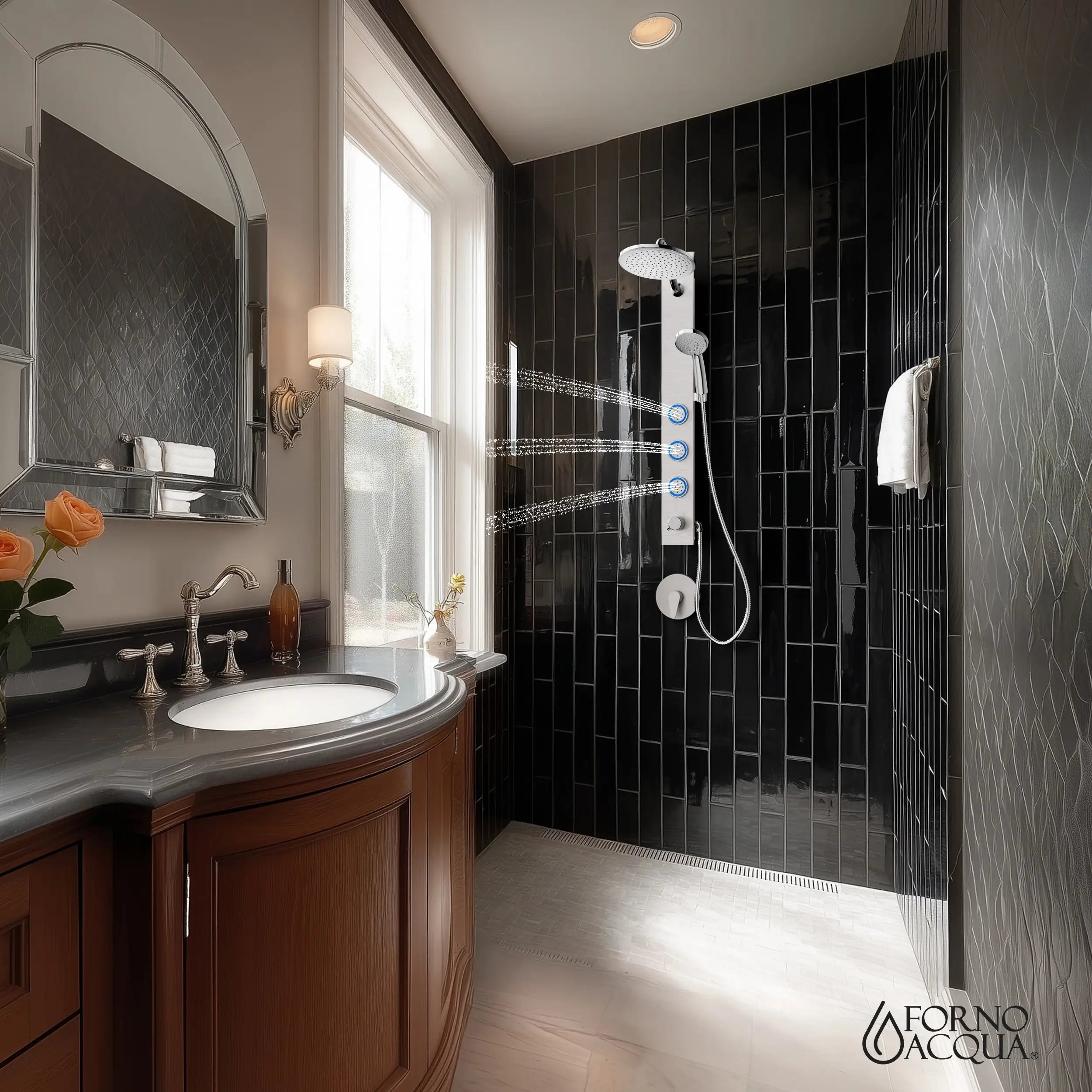 Overhead rainfall shower panel with handheld sprayer and three body jet nozzles