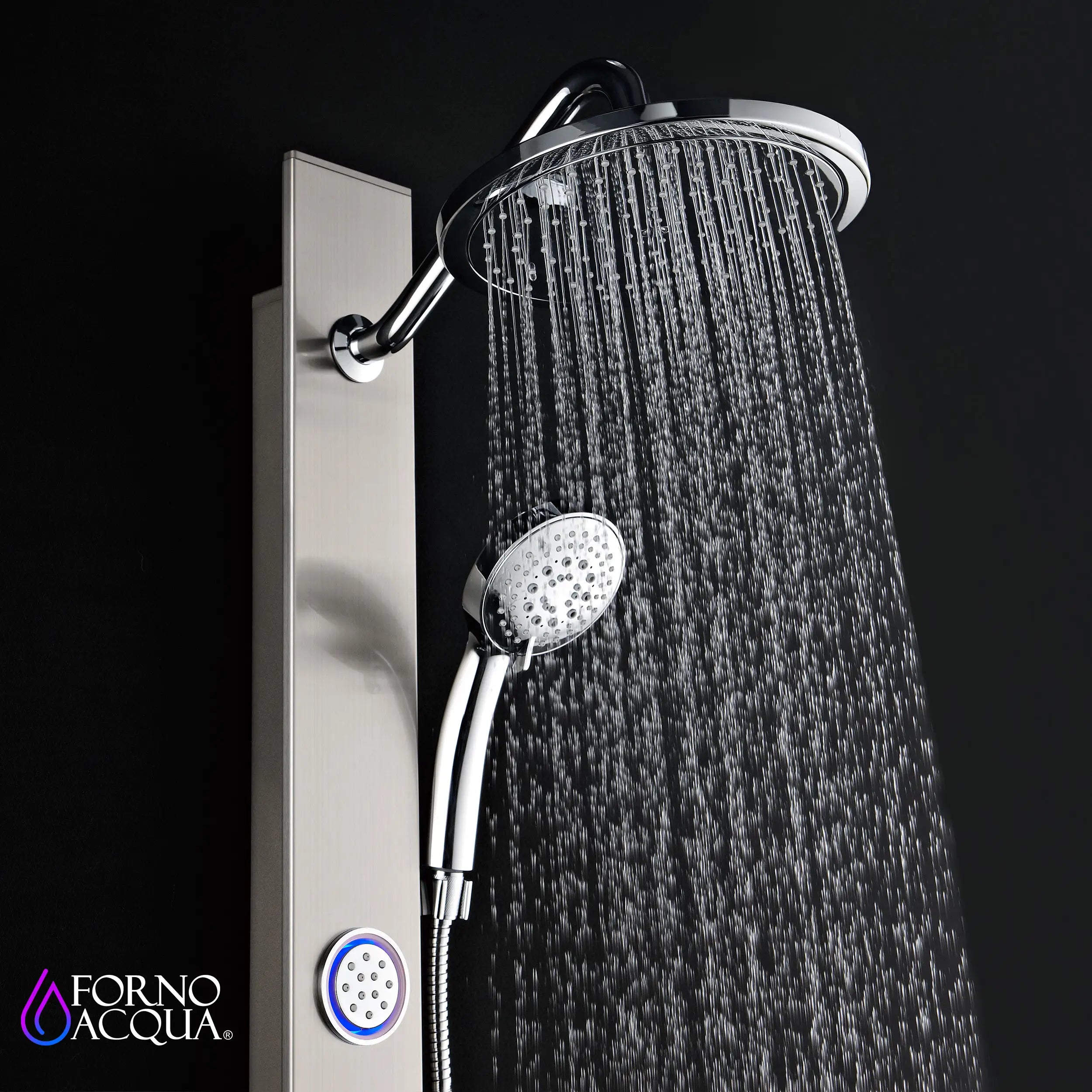 Stainless steel overhead rainfall shower head with handheld spray and body jets