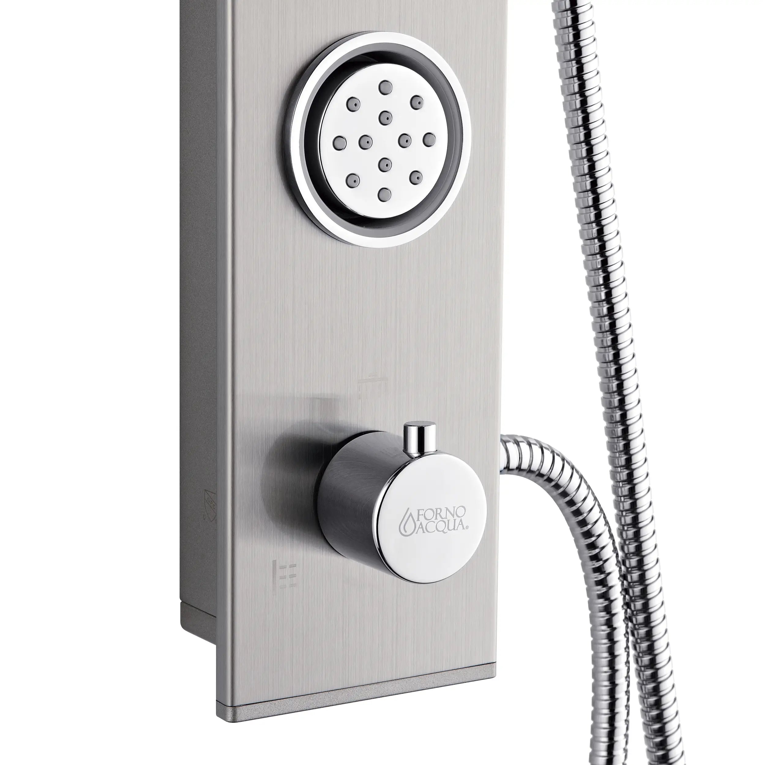 Stainless steel wall-mounted shower panel with circular jet controls and hose connection