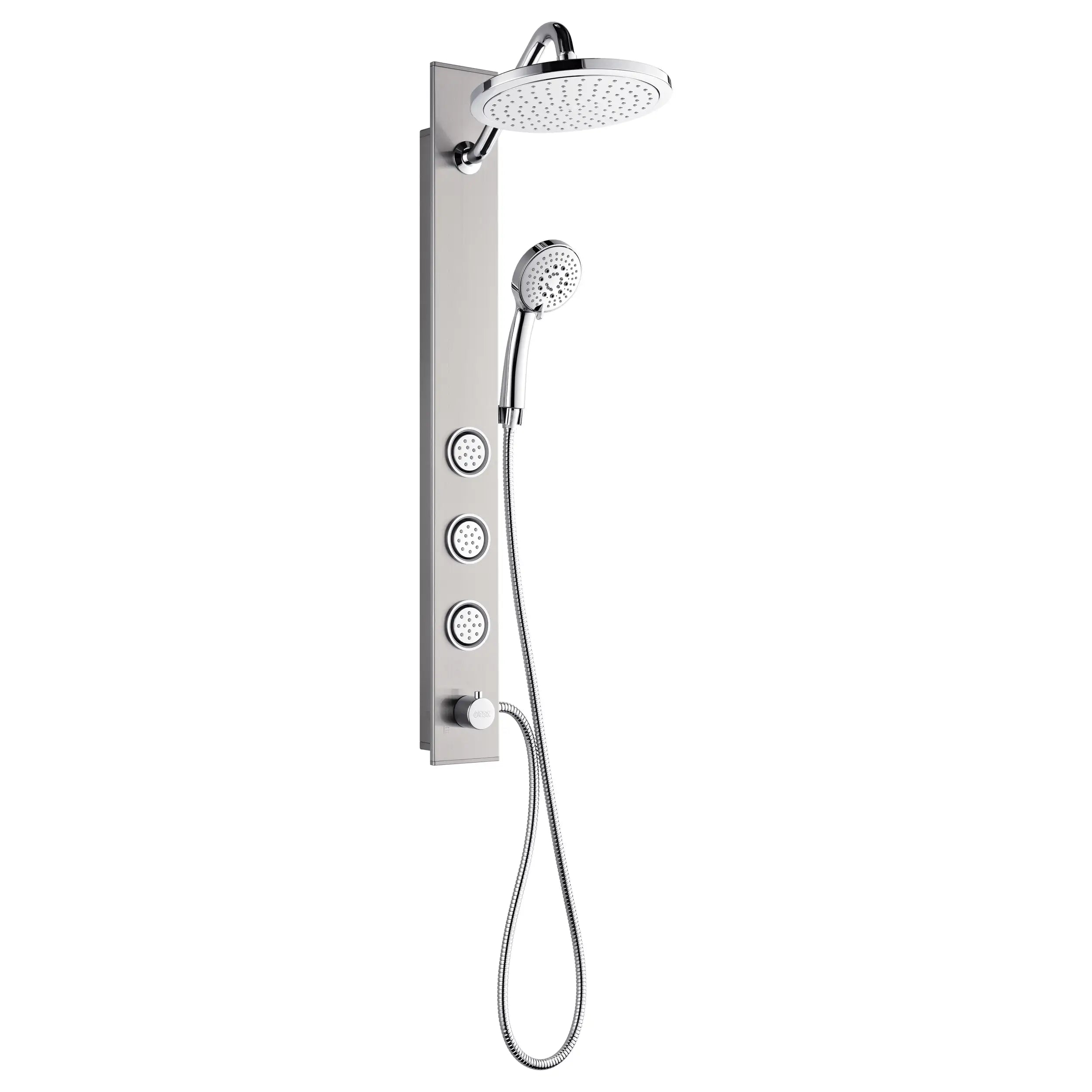 Stainless steel rainfall shower panel with handheld spray and round body jet nozzles