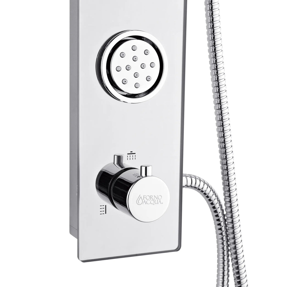 Mirrored stainless steel shower panel control with overhead shower head and hose