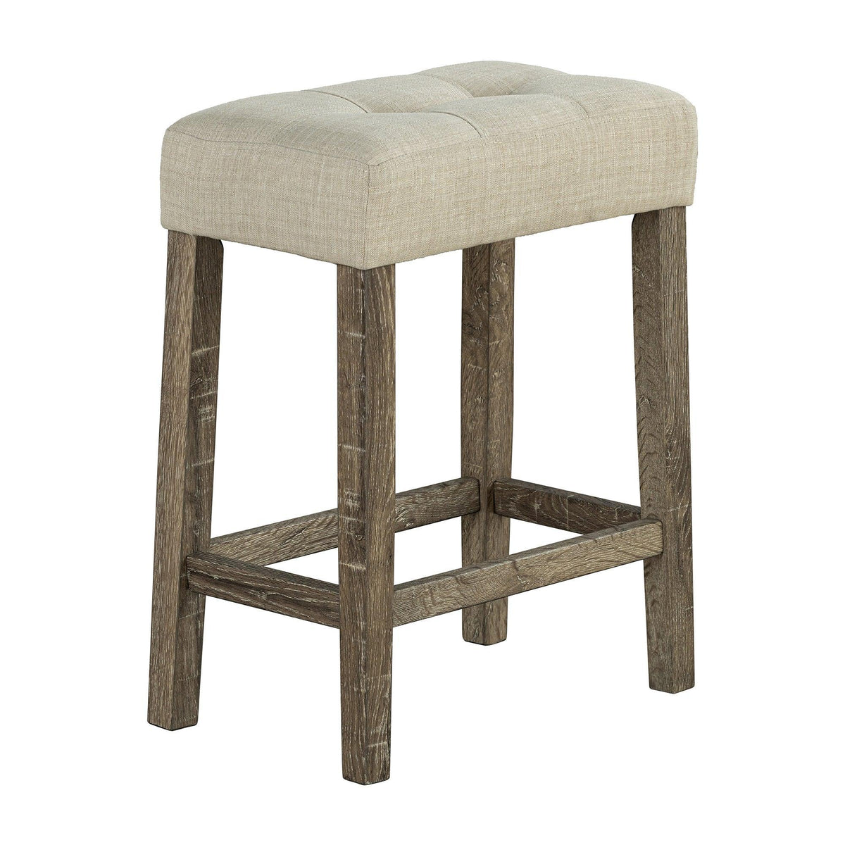 Beige upholstered bar stool with thick seat cushion and cross-braced wooden frame