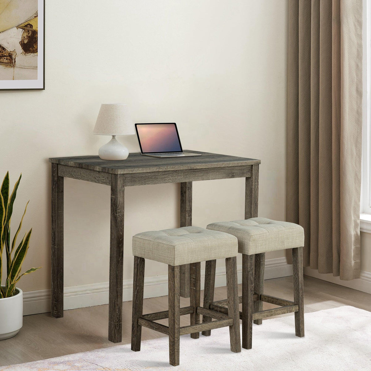 Breakfast table set: dark brown table with two matching light-gray cushioned stools