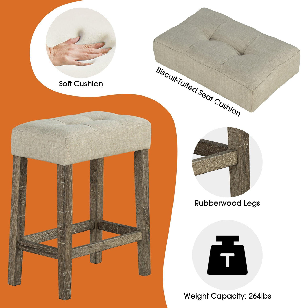 Traditional dining stool with dark brown legs and light-gray cushioned seat