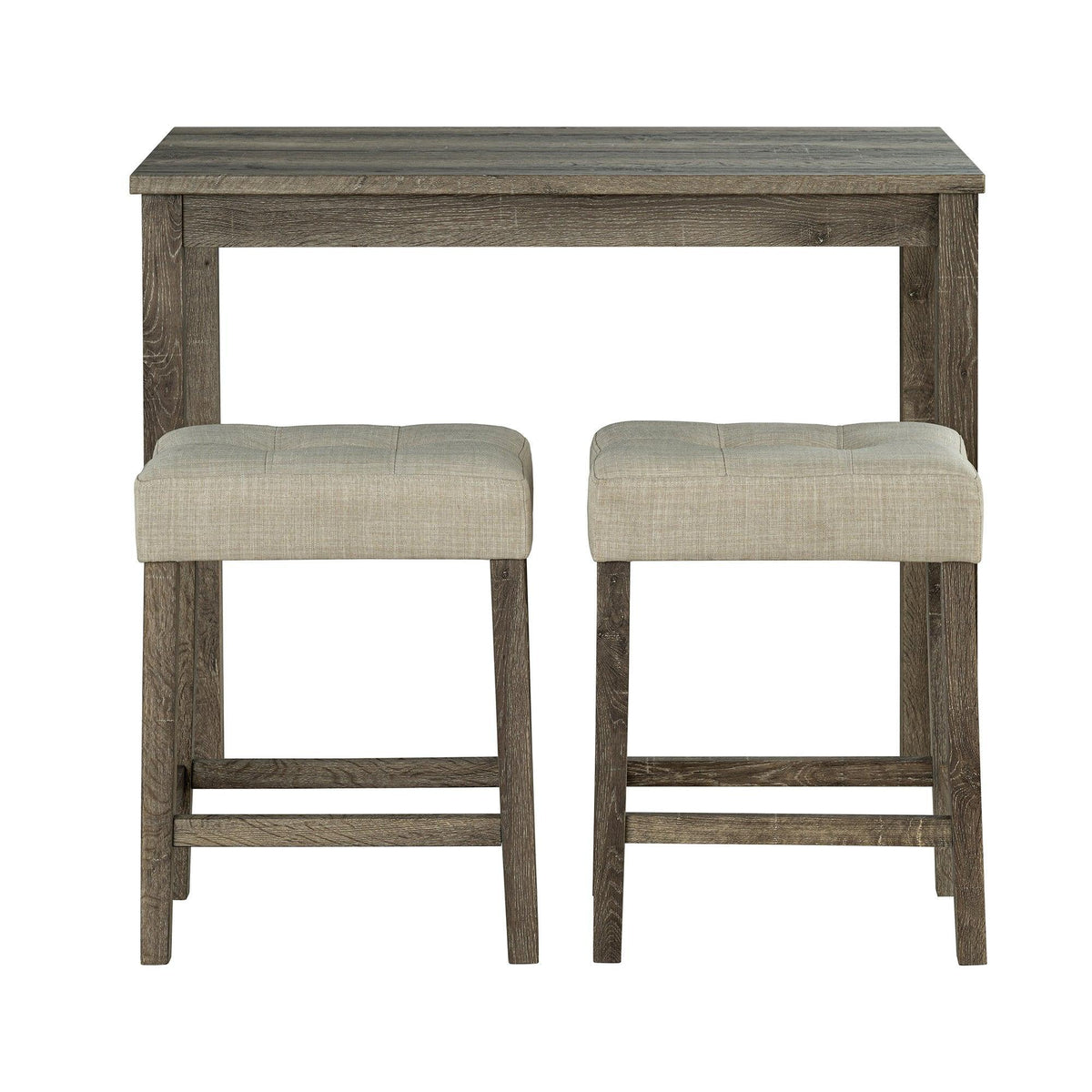 Brown wood dining table with two beige upholstered stools, ladder backs and cushioned seats