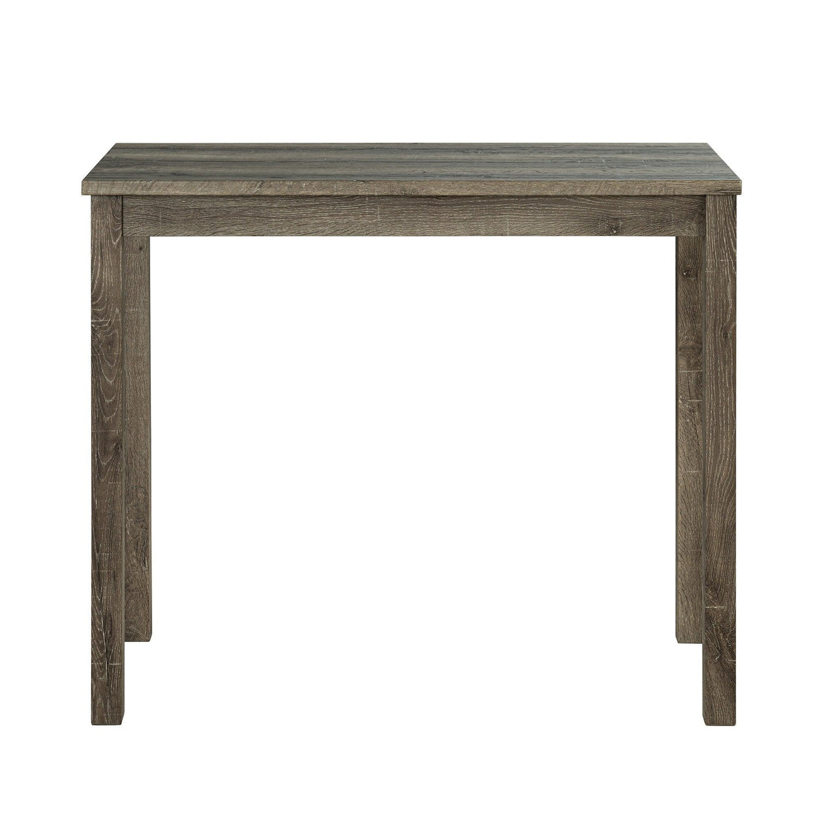 Brown rectangular dining table with wood-grain finish and squared corner supports