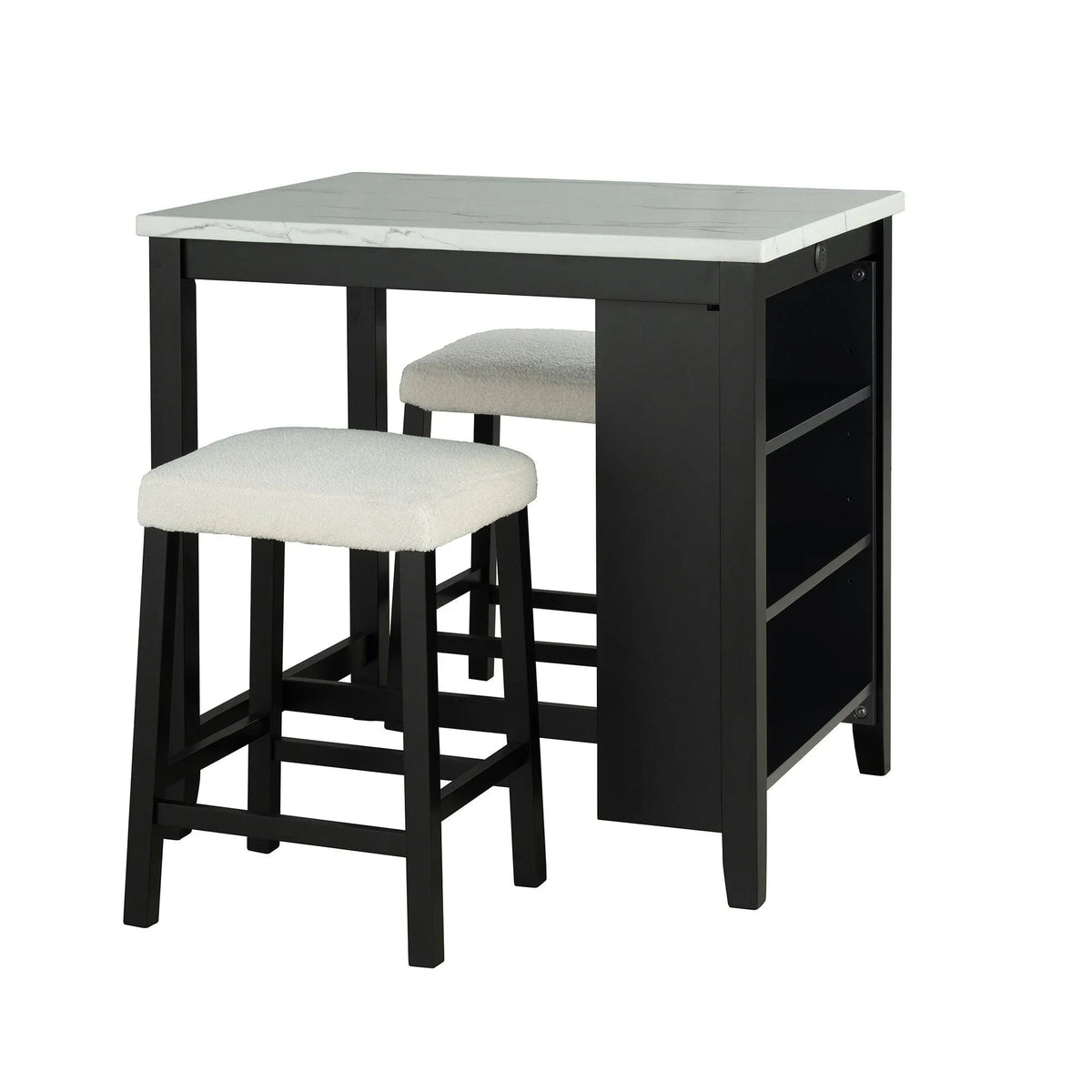 Black dining table with storage cabinet and white cushioned stool with rubberwood legs.