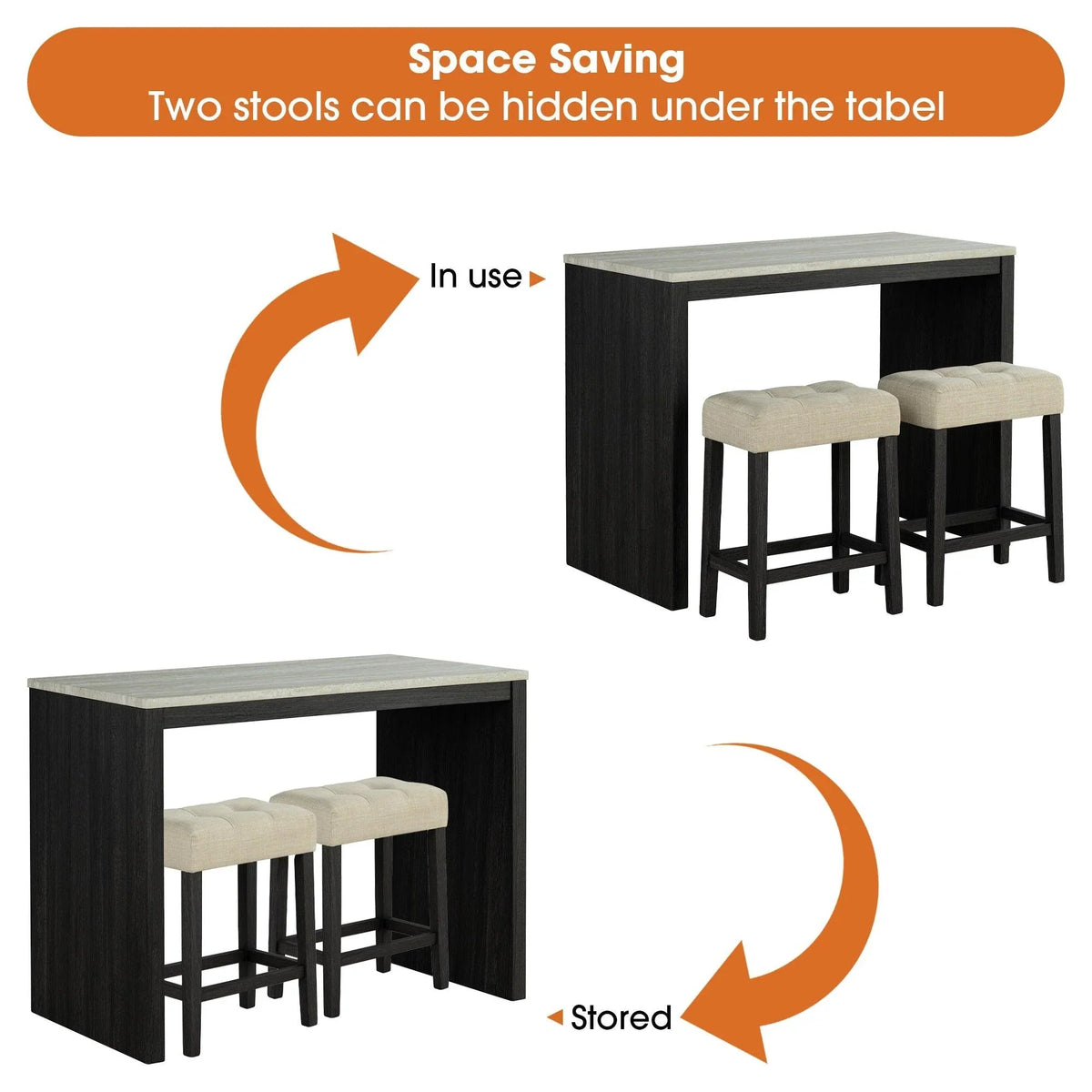Modern dining table with two stools shown stored under the tabletop