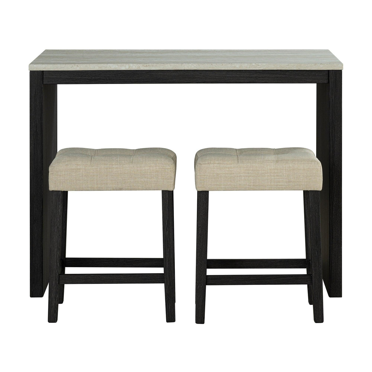 Two beige upholstered bar stools with dark frames, under a matching black table
