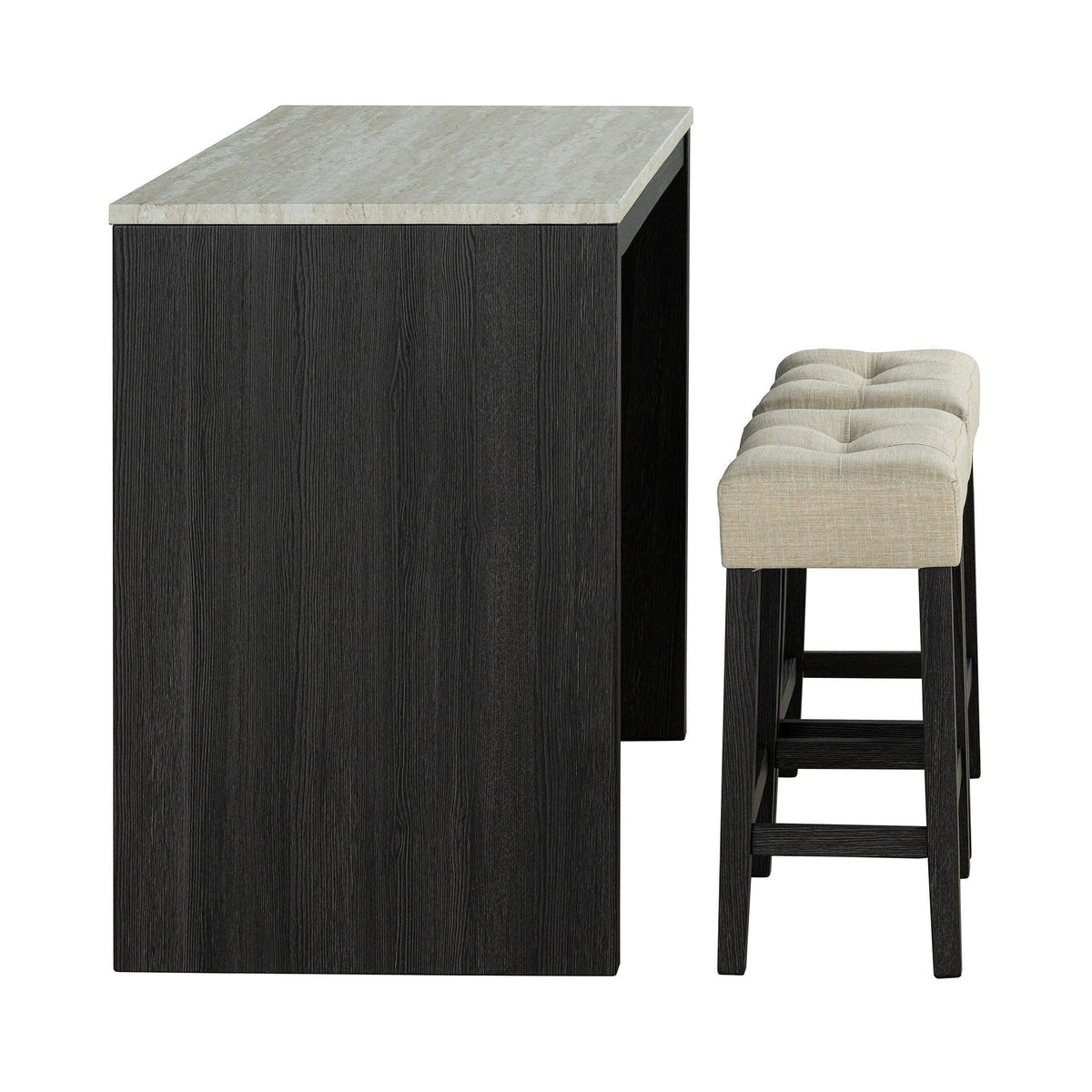 Black dining table and one beige upholstered bar stool with dark footrest