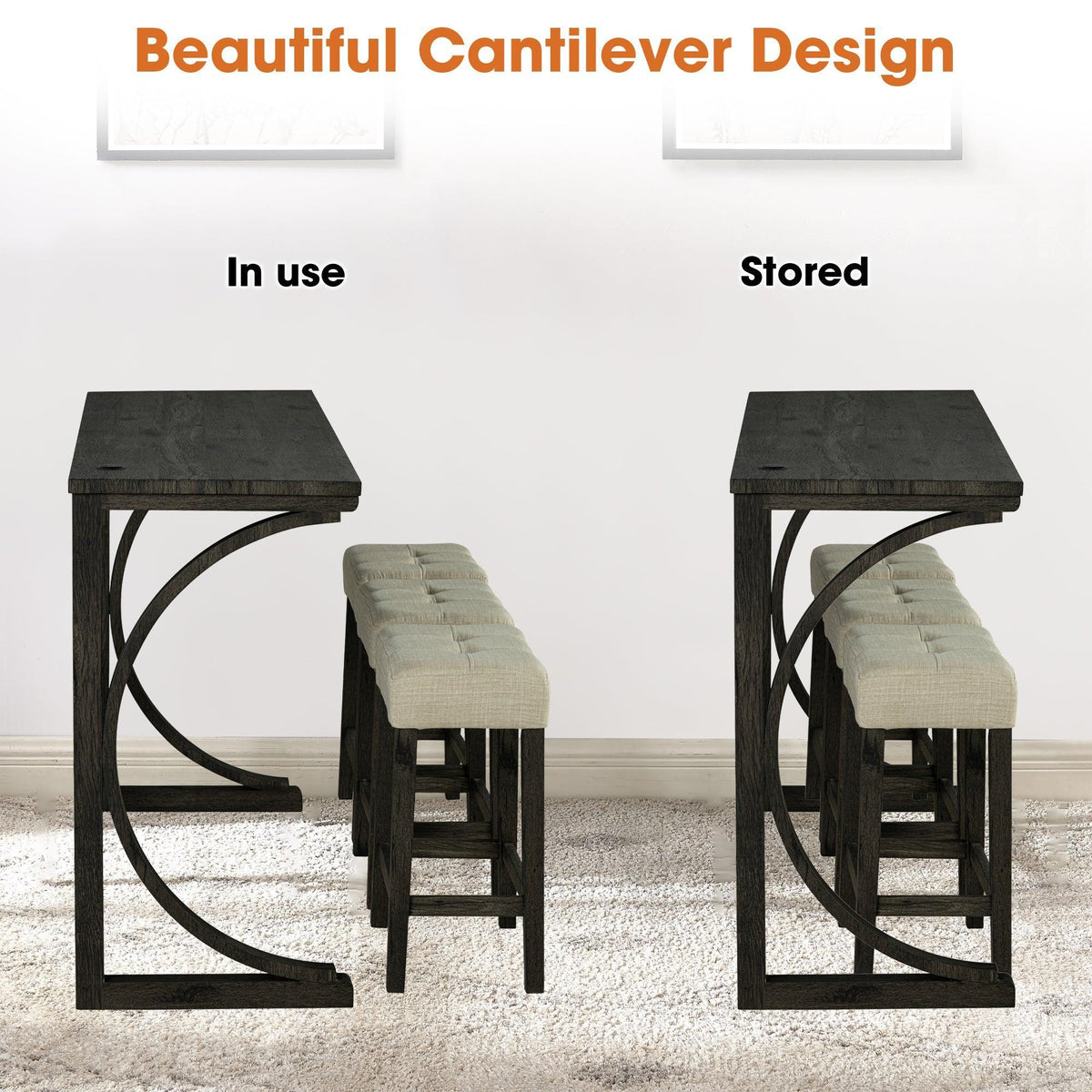 Rustic cantilever dining bar table with three stools, dark frame and beige cushions