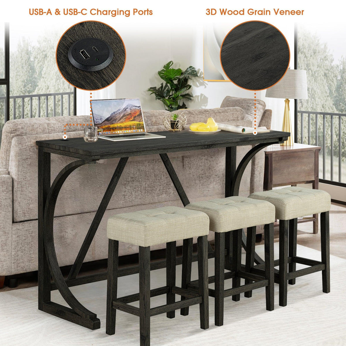 Rustic dark brown bar table set with three stools and built-in USB charging ports