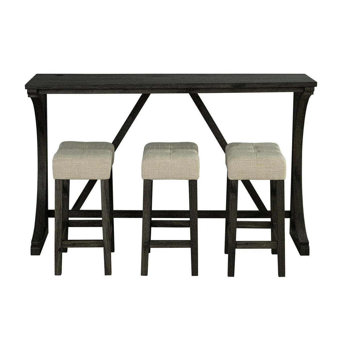 Dining bar table with three matching stools, dark wood frame and beige seat cushions